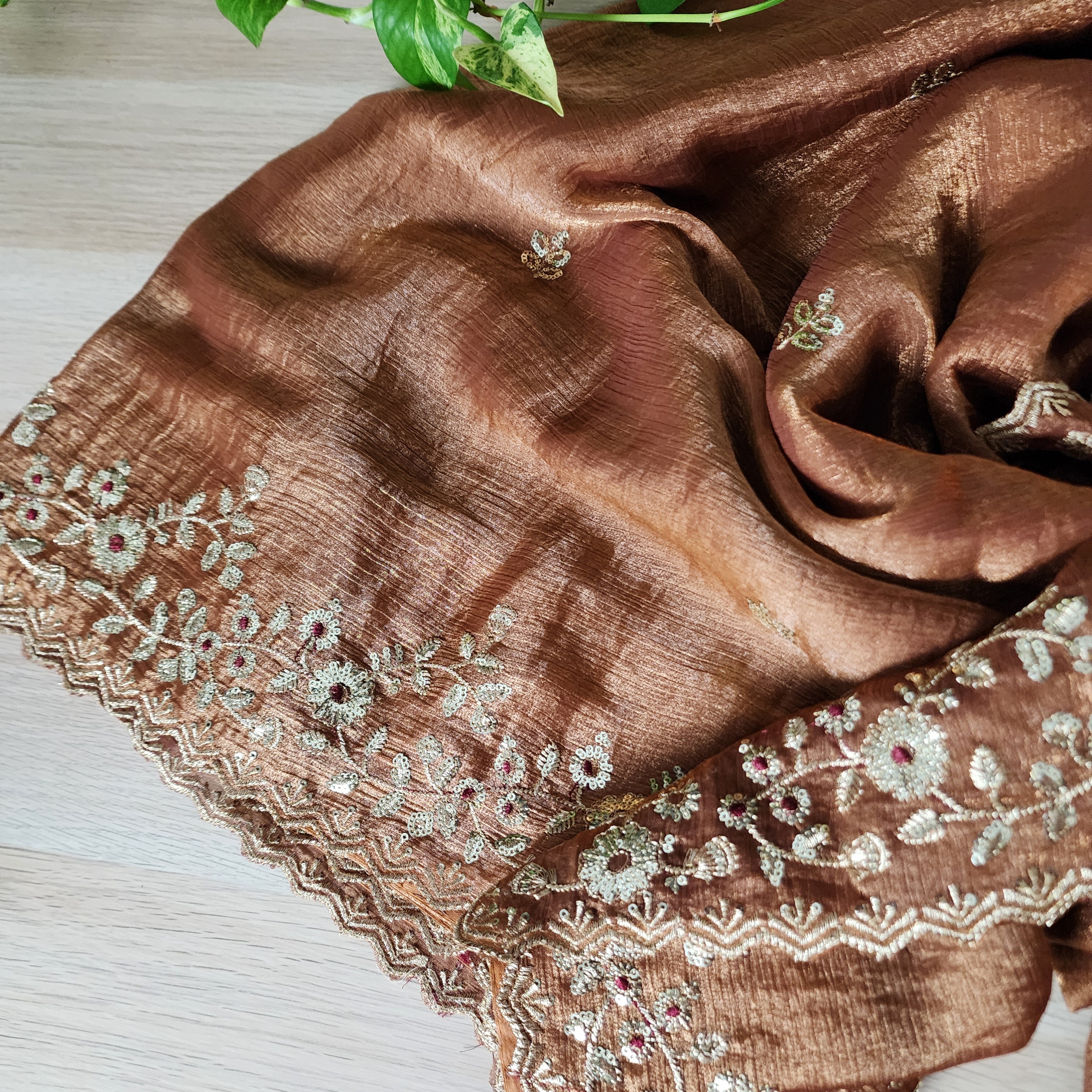 Brownish Copper Designer Chiffon Silk Saree with Sequin Embroidery