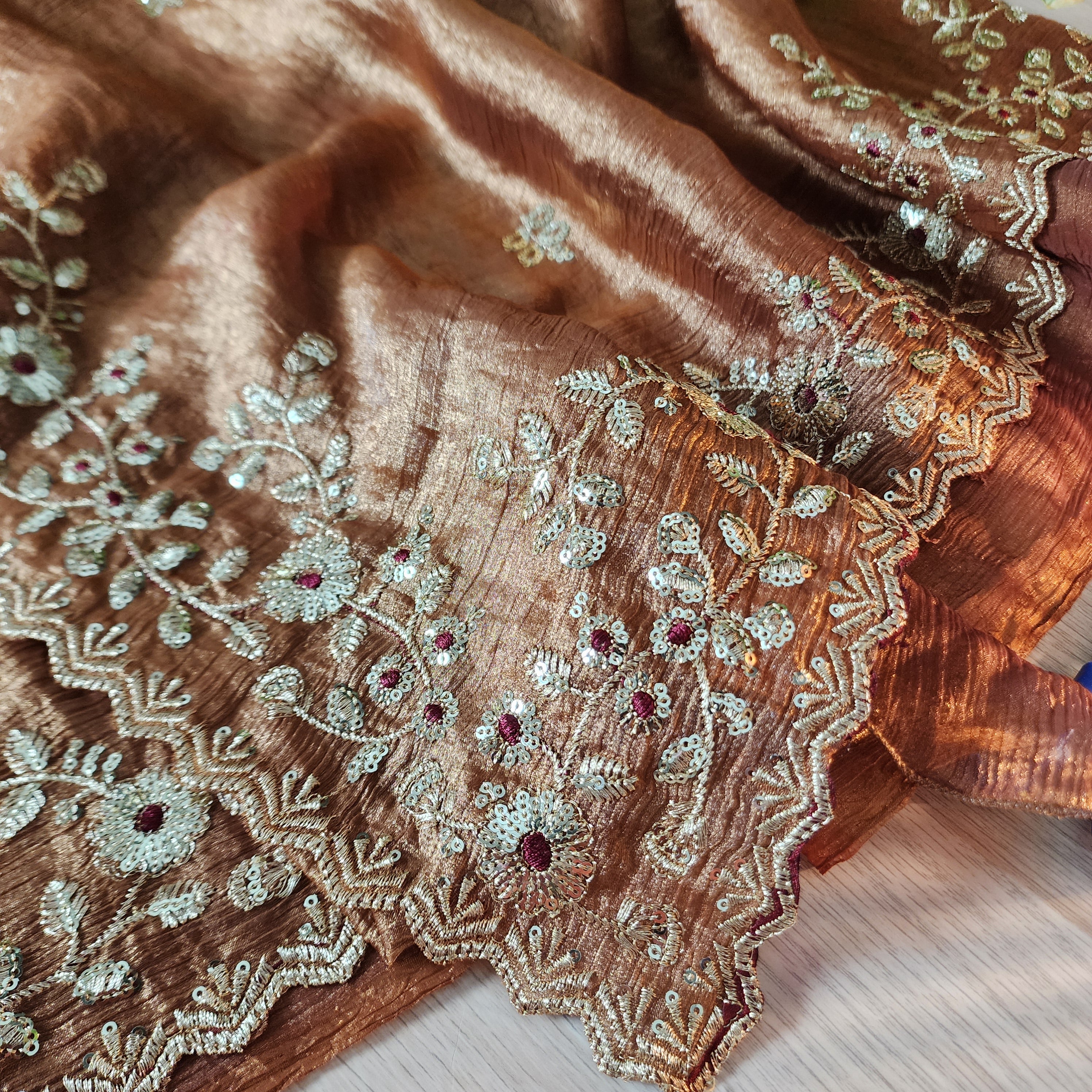 Brownish Copper Designer Chiffon Silk Saree with Sequin Embroidery