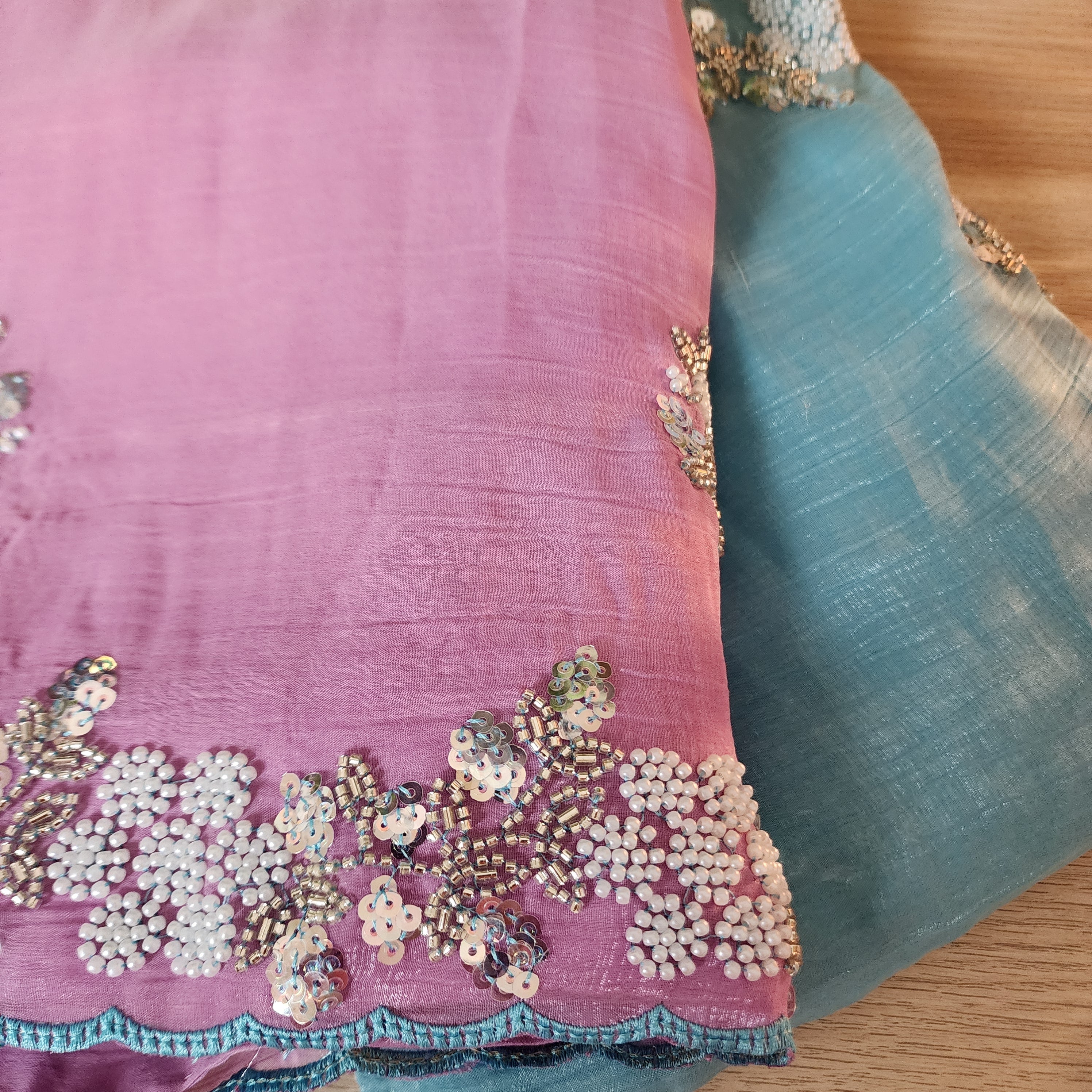 Dual Shade Pastel Blue and Pink Designer Chiffon Silk Saree