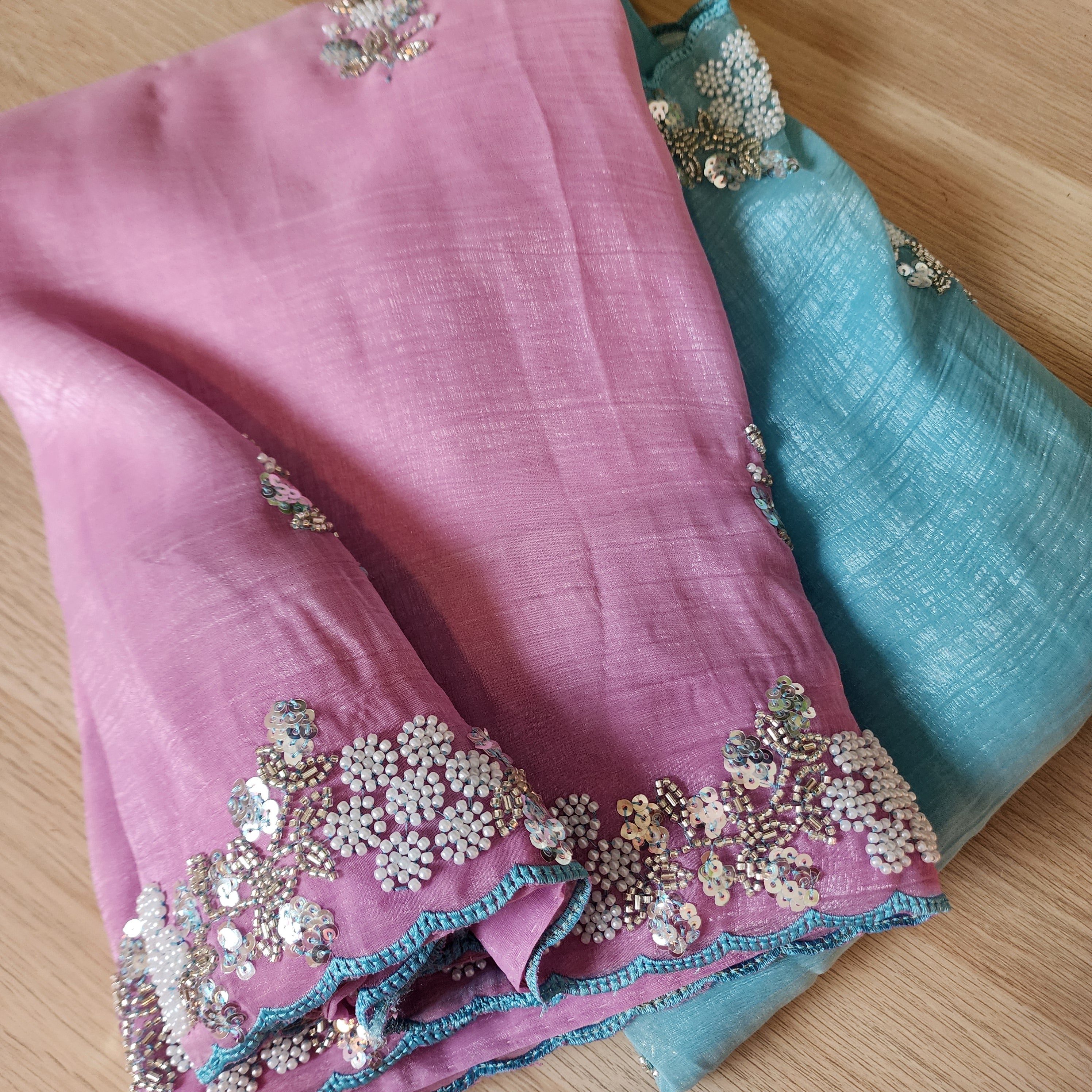 Dual Shade Pastel Blue and Pink Designer Chiffon Silk Saree