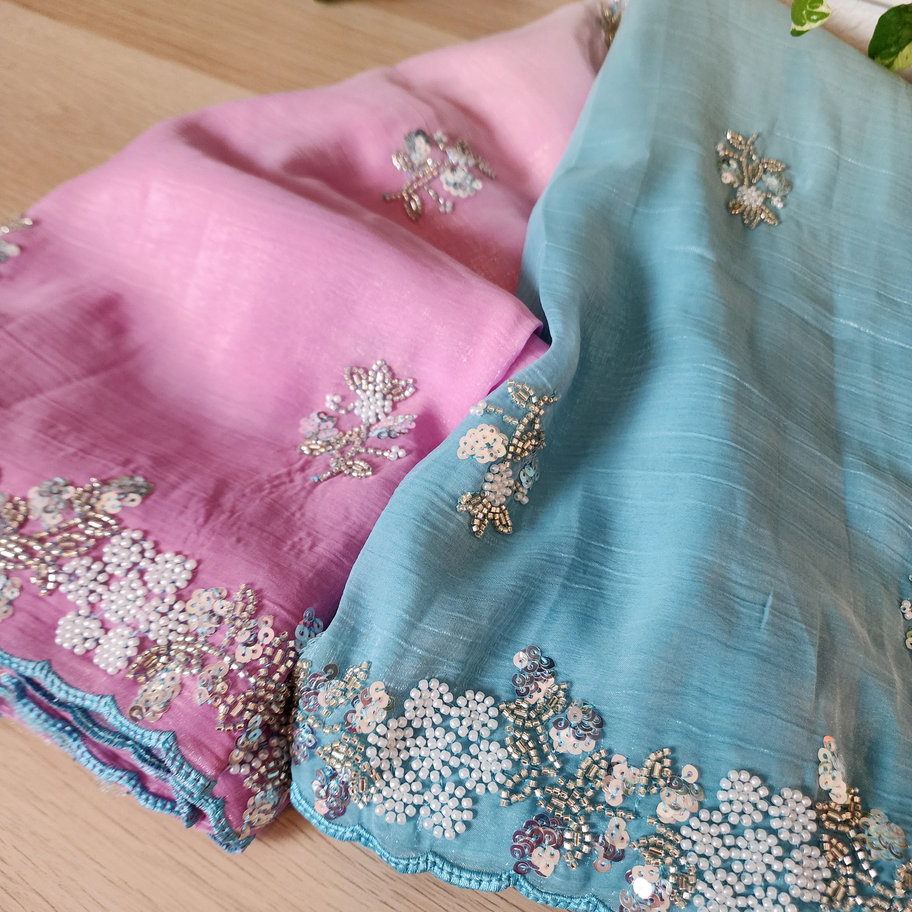 Dual Shade Pastel Blue and Pink Designer Chiffon Silk Saree