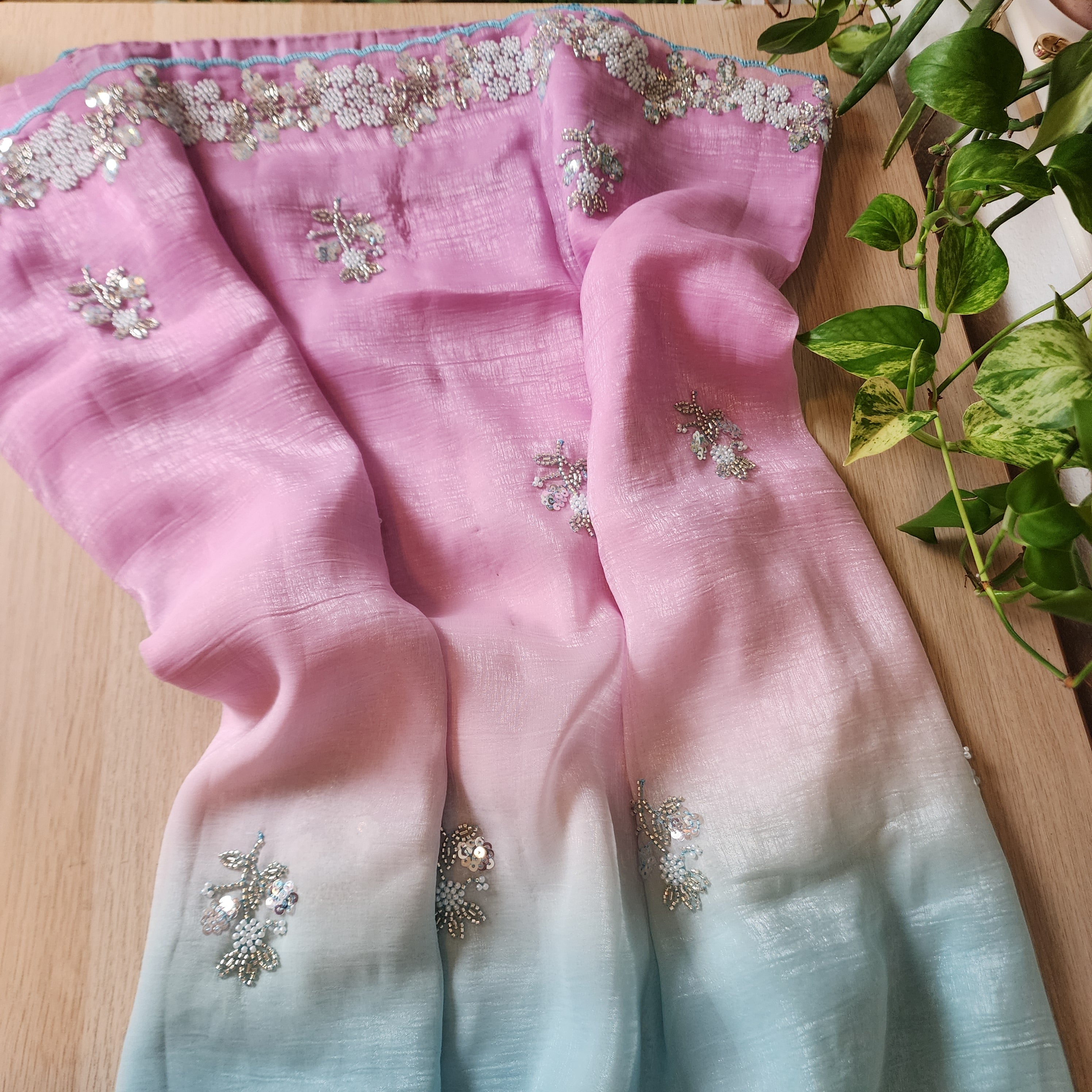 Dual Shade Pastel Blue and Pink Designer Chiffon Silk Saree