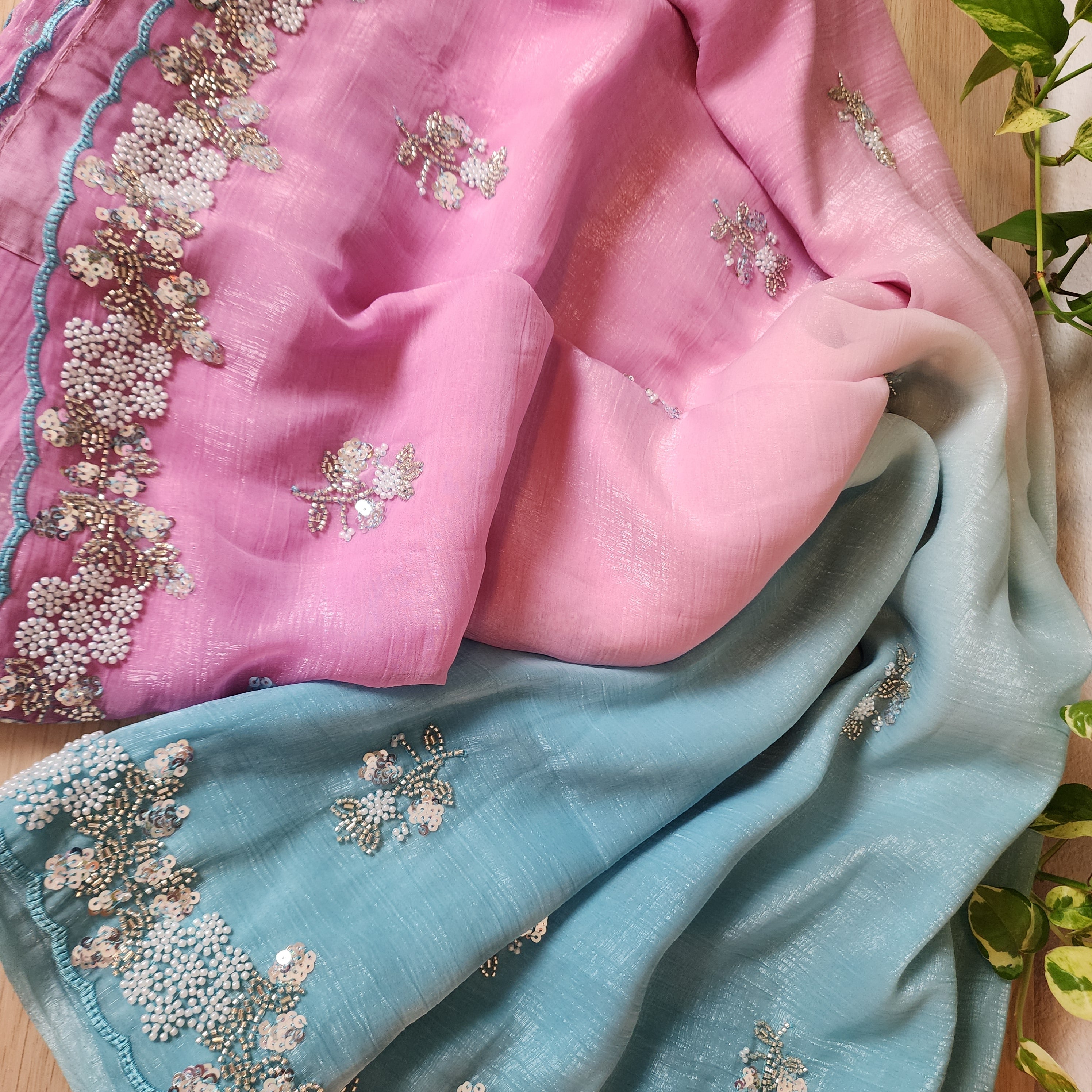 Dual Shade Pastel Blue and Pink Designer Chiffon Silk Saree