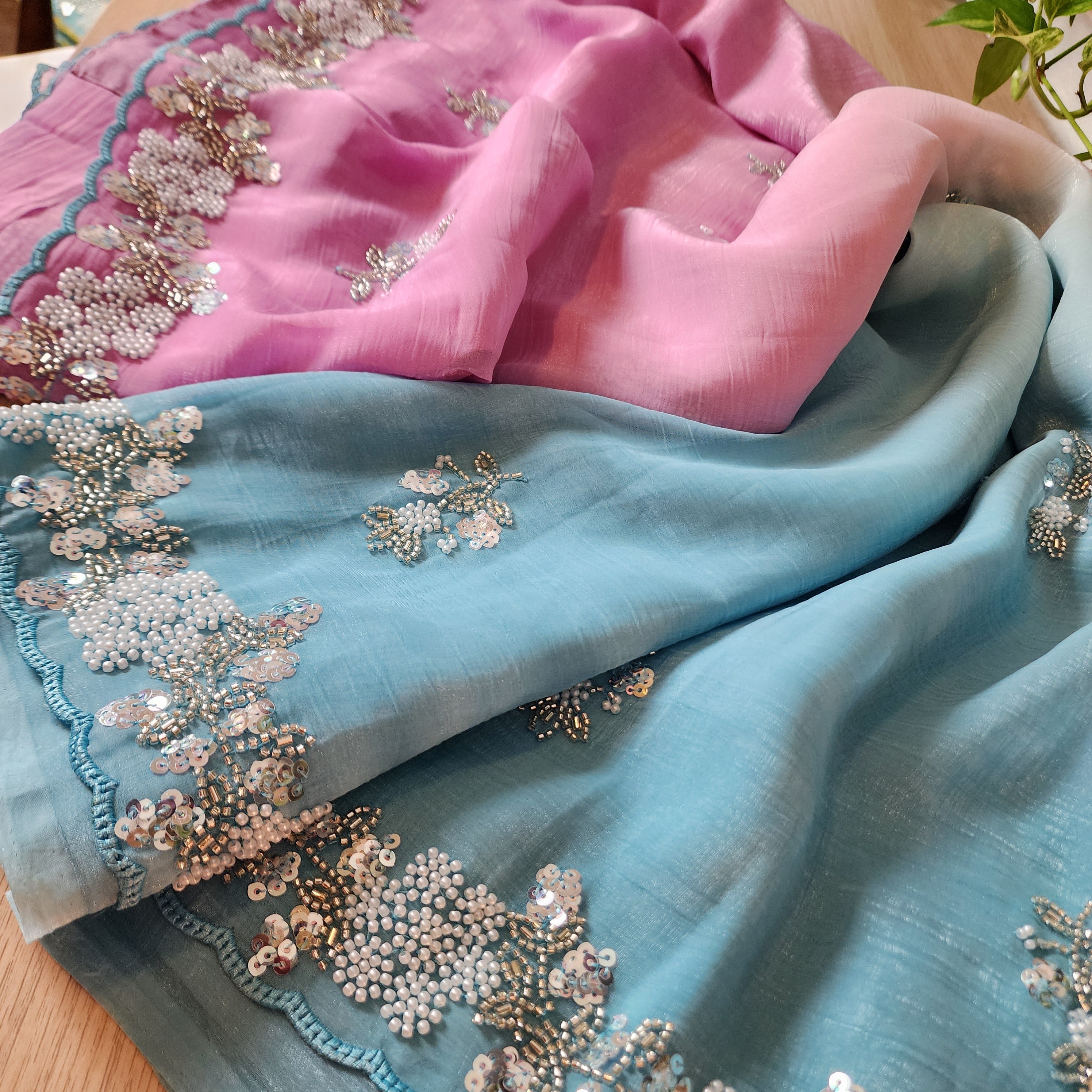 Dual Shade Pastel Blue and Pink Designer Chiffon Silk Saree
