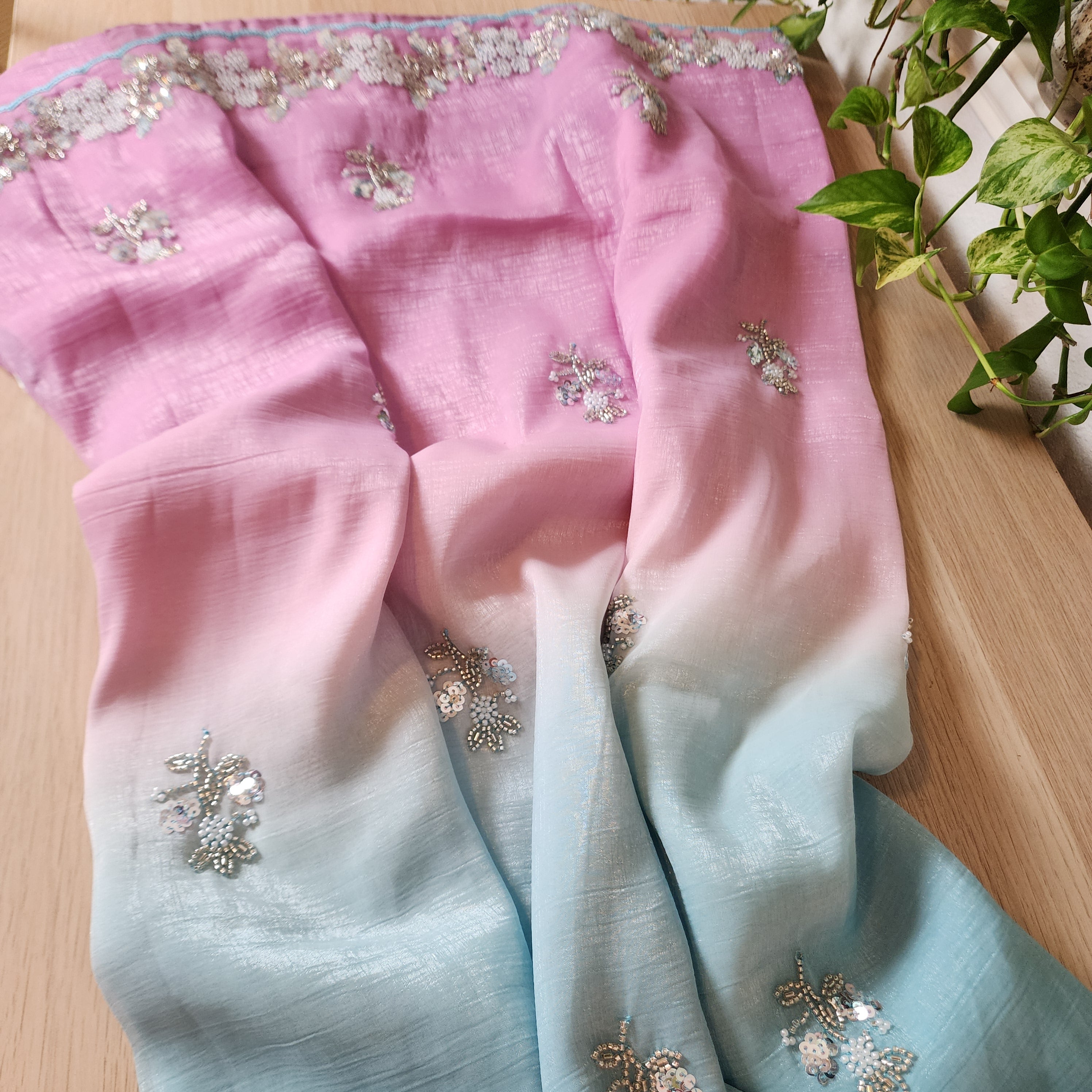 Dual Shade Pastel Blue and Pink Designer Chiffon Silk Saree