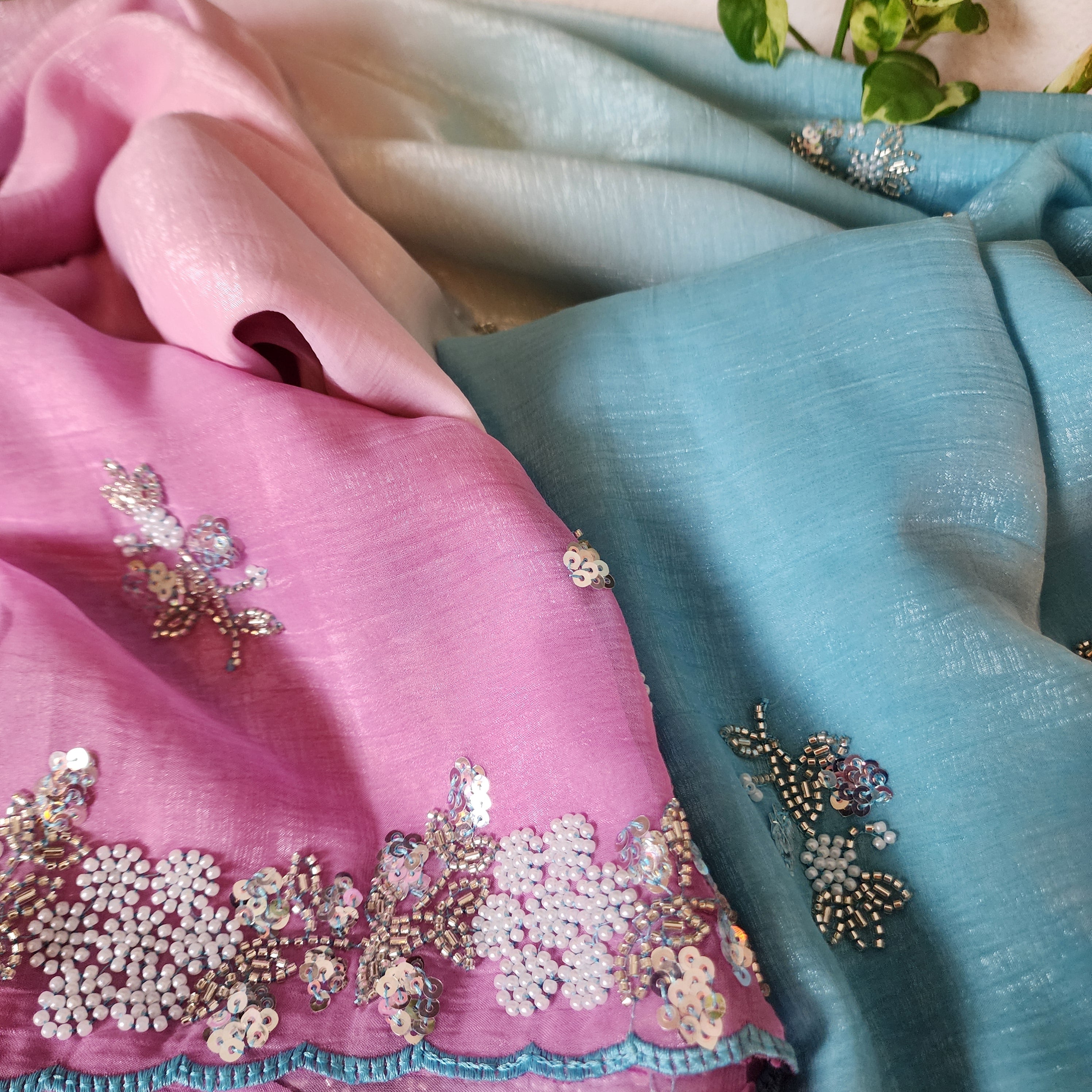 Dual Shade Pastel Blue and Pink Designer Chiffon Silk Saree