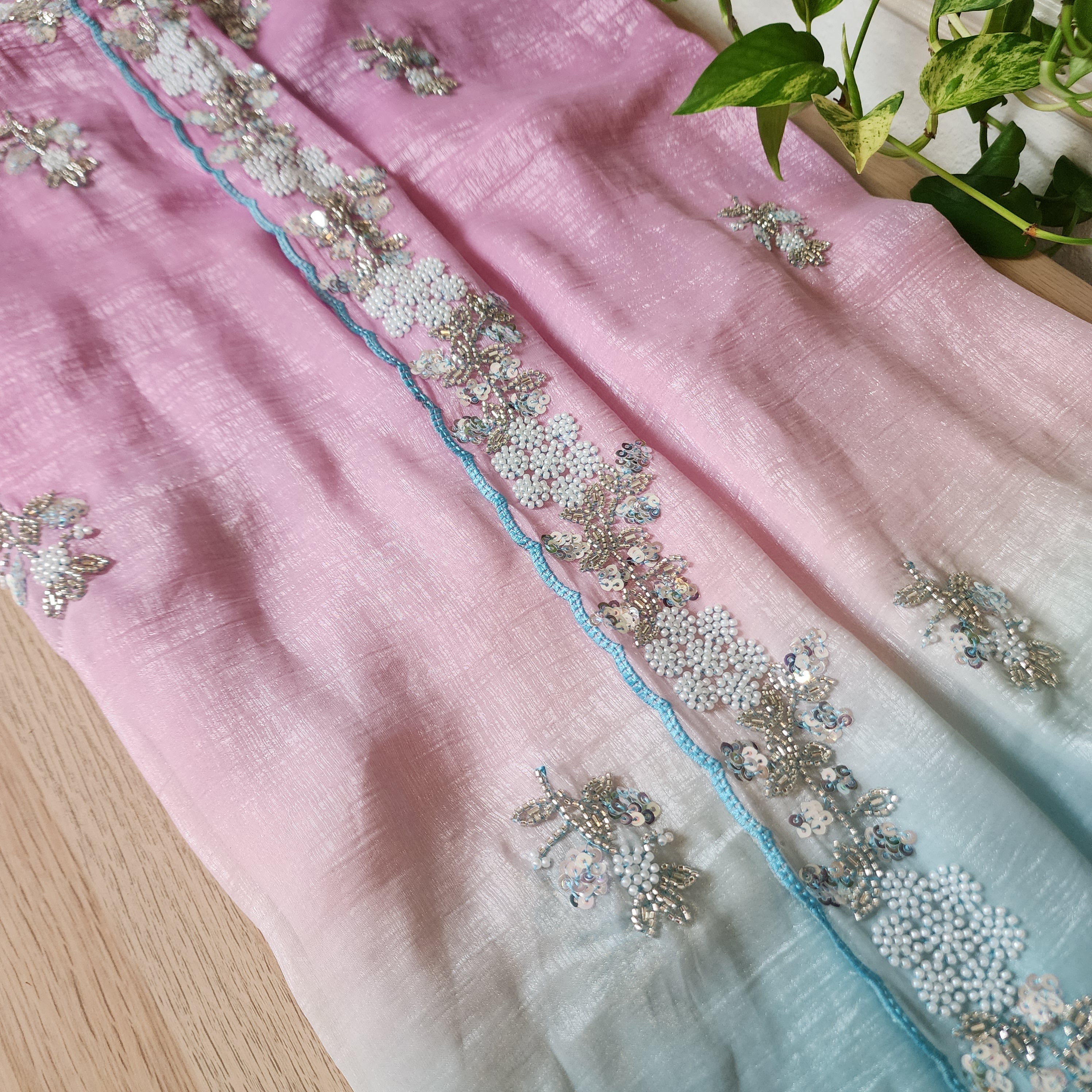 Dual Shade Pastel Blue and Pink Designer Chiffon Silk Saree