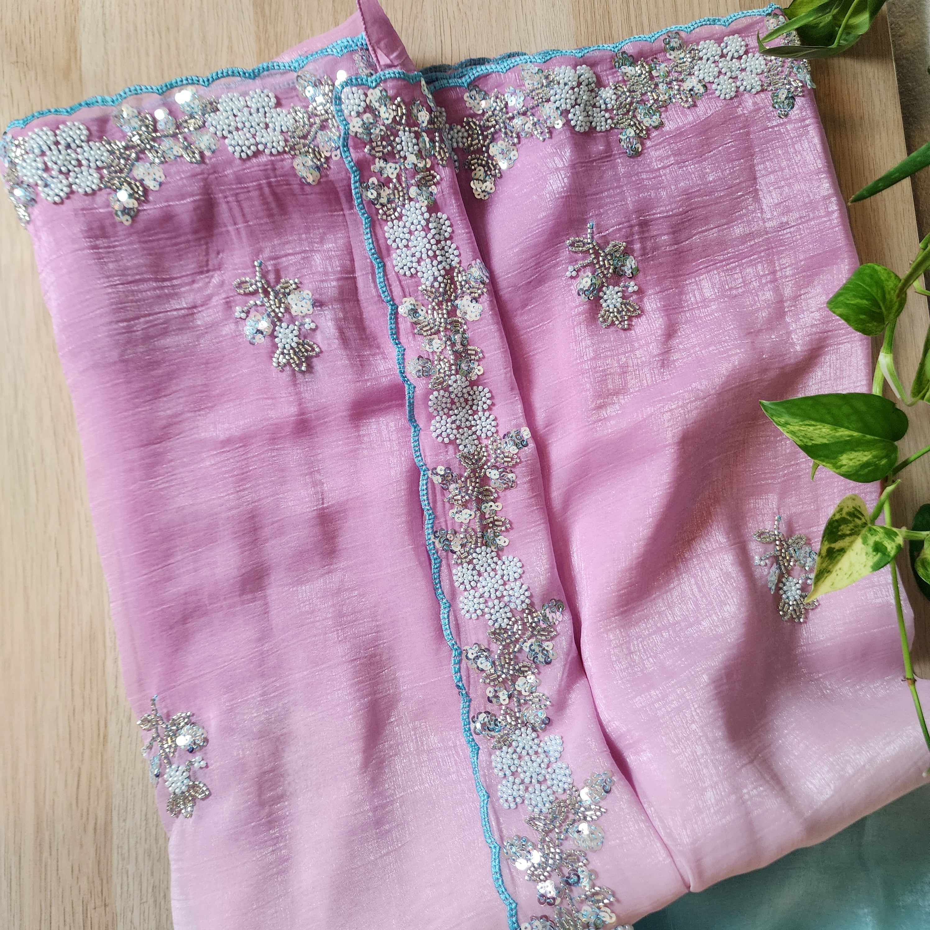 Dual Shade Pastel Blue and Pink Designer Chiffon Silk Saree