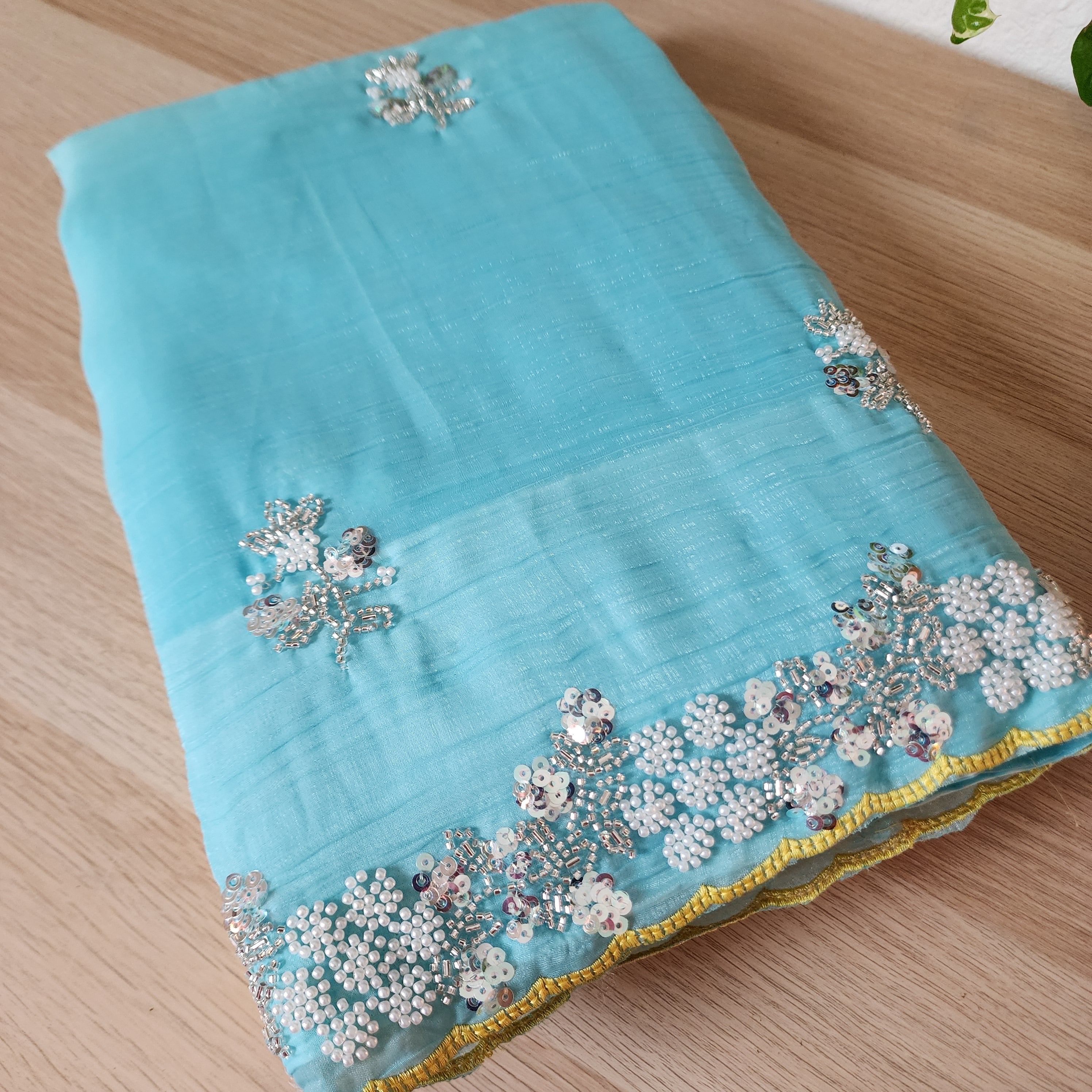 Dual Shade Pastel Blue and Yellow Designer Chiffon Silk Saree