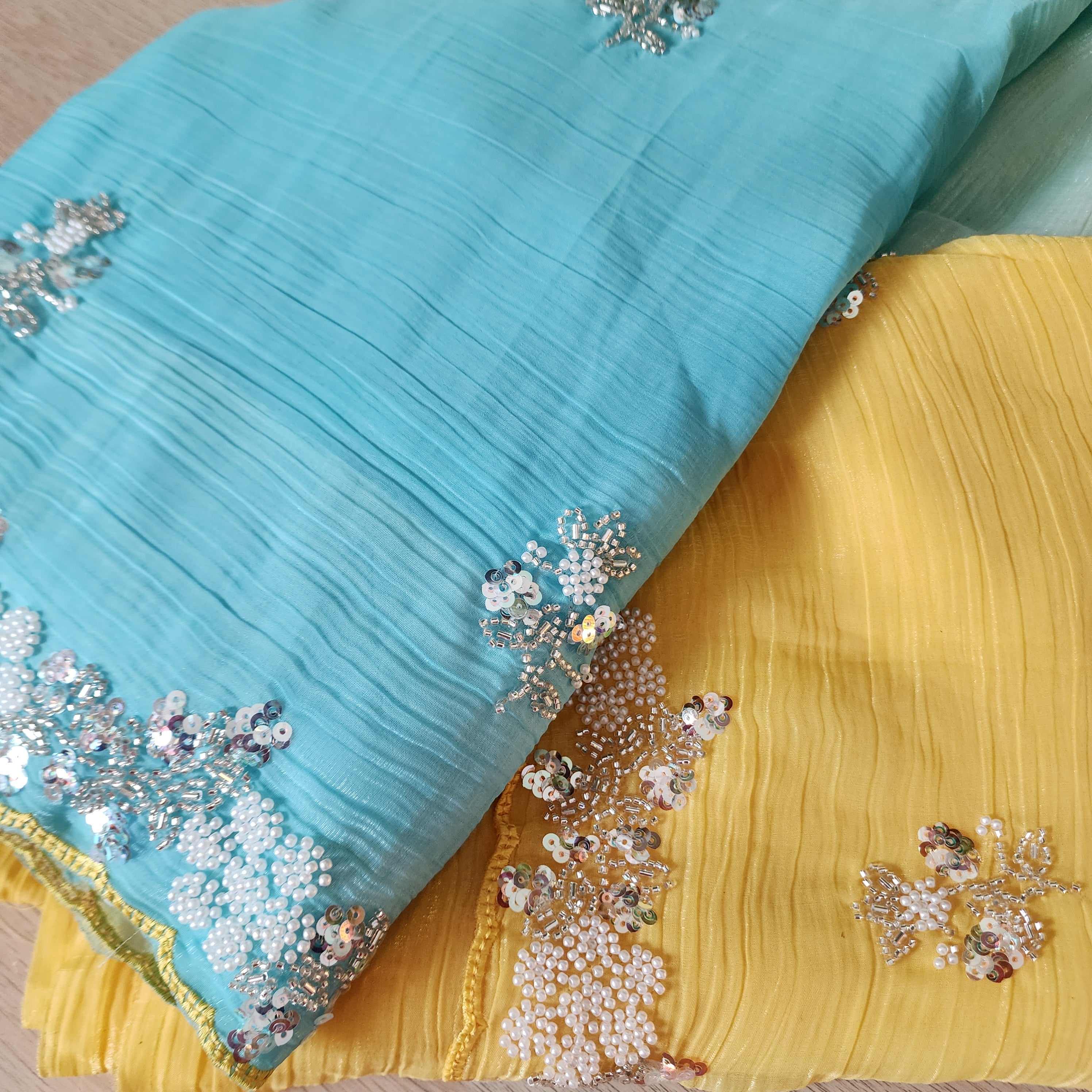 Dual Shade Pastel Blue and Yellow Designer Chiffon Silk Saree