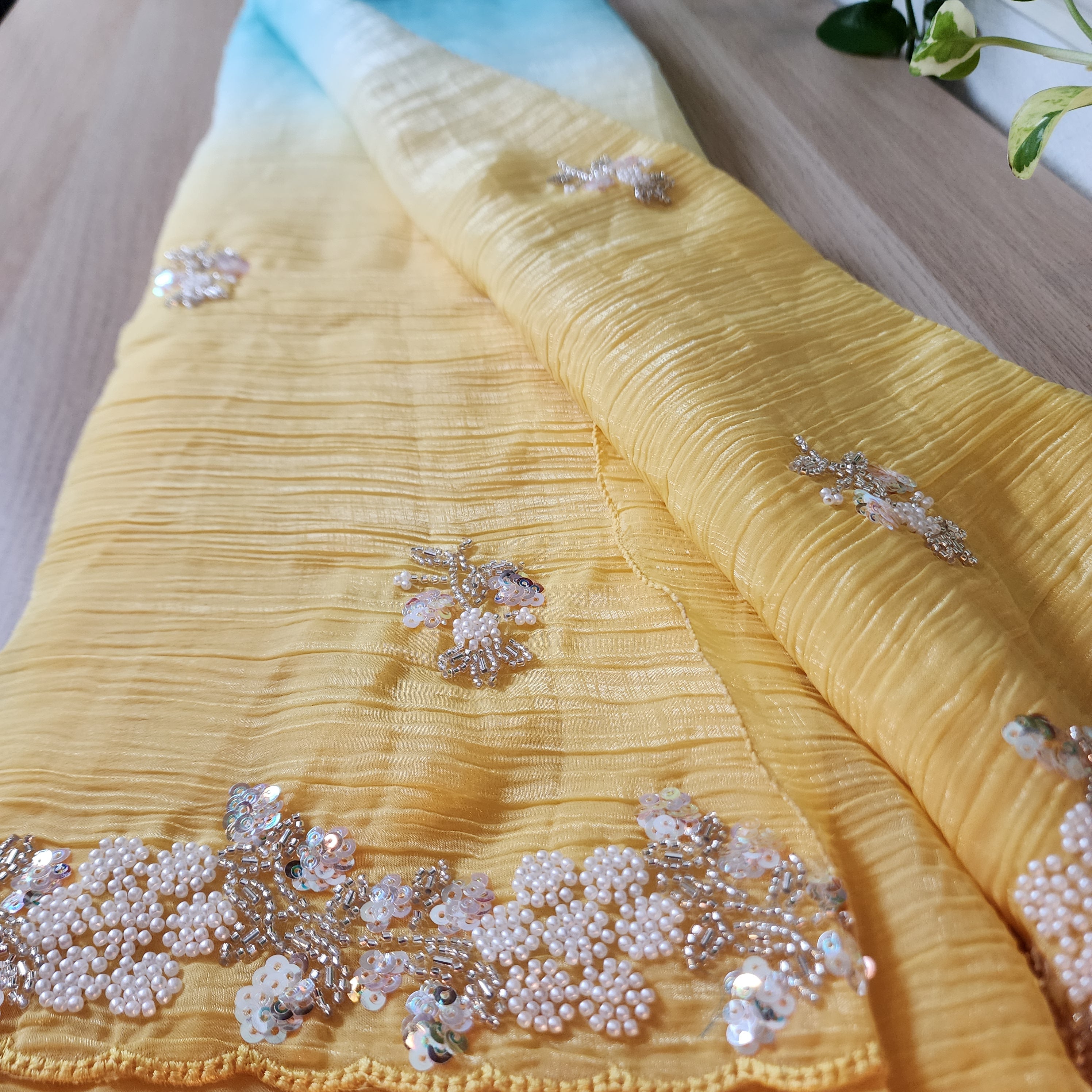 Dual Shade Pastel Blue and Yellow Designer Chiffon Silk Saree