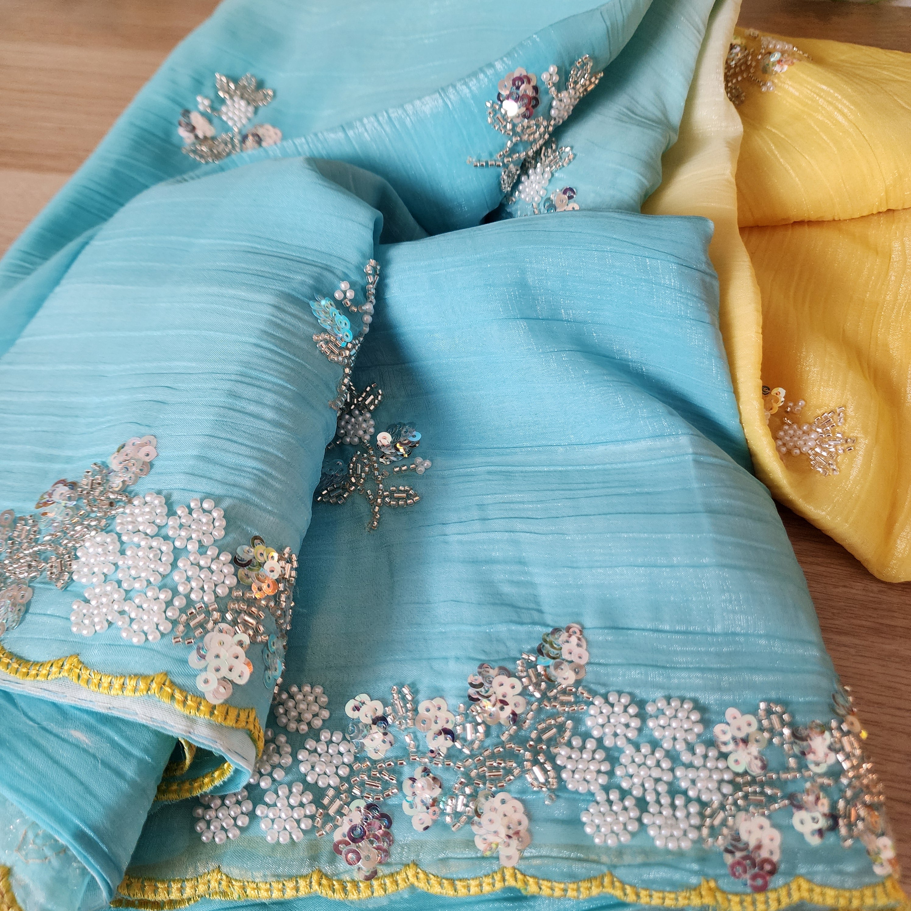 Dual Shade Pastel Blue and Yellow Designer Chiffon Silk Saree