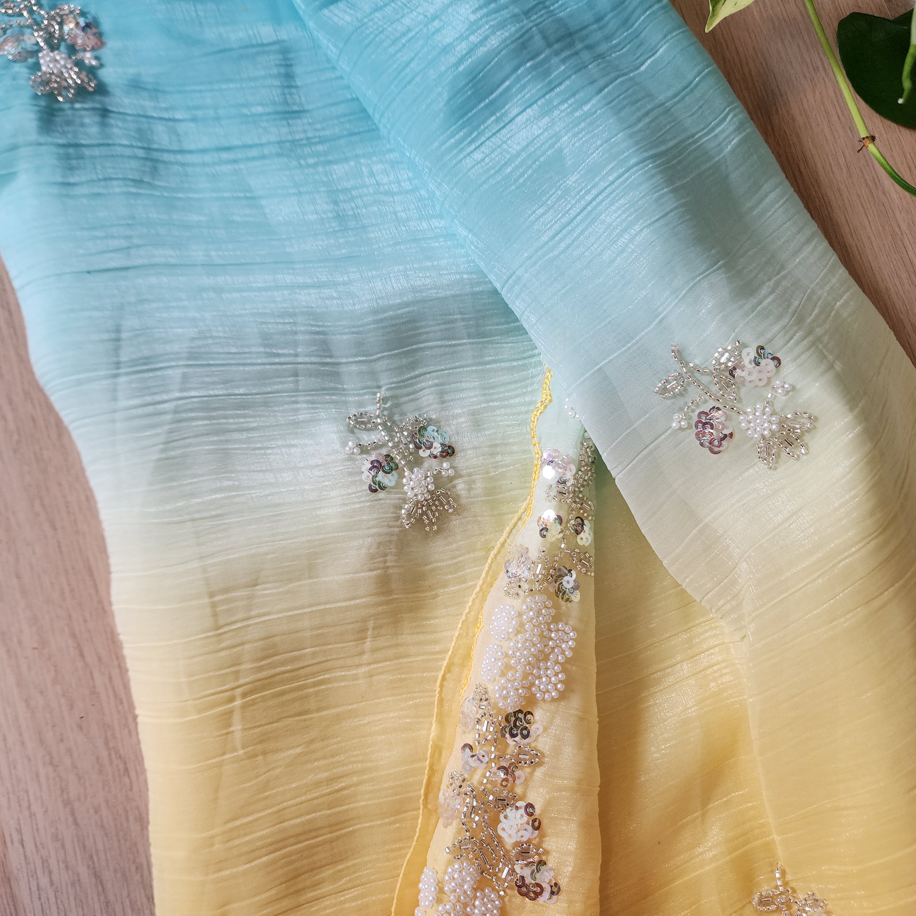 Dual Shade Pastel Blue and Yellow Designer Chiffon Silk Saree