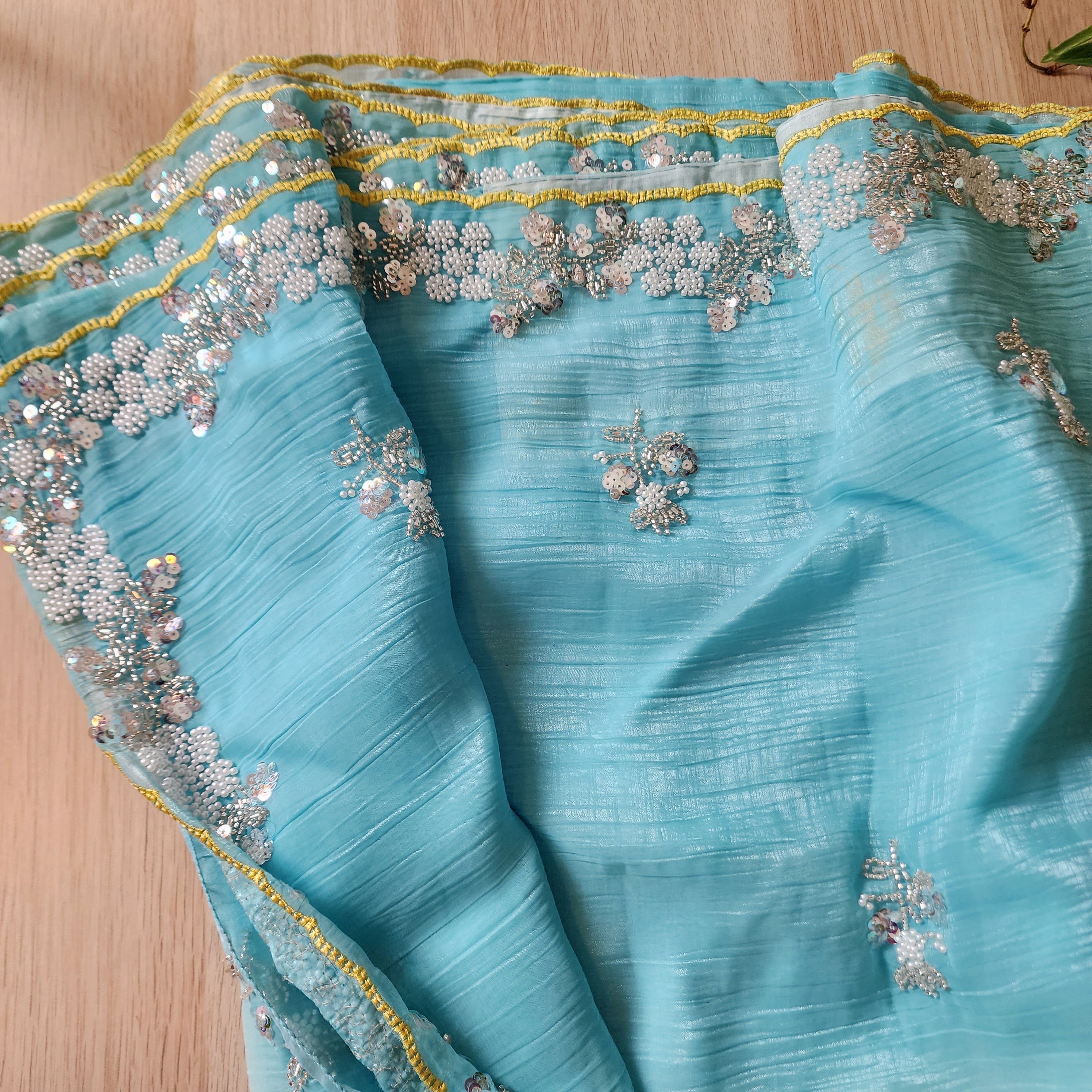 Dual Shade Pastel Blue and Yellow Designer Chiffon Silk Saree
