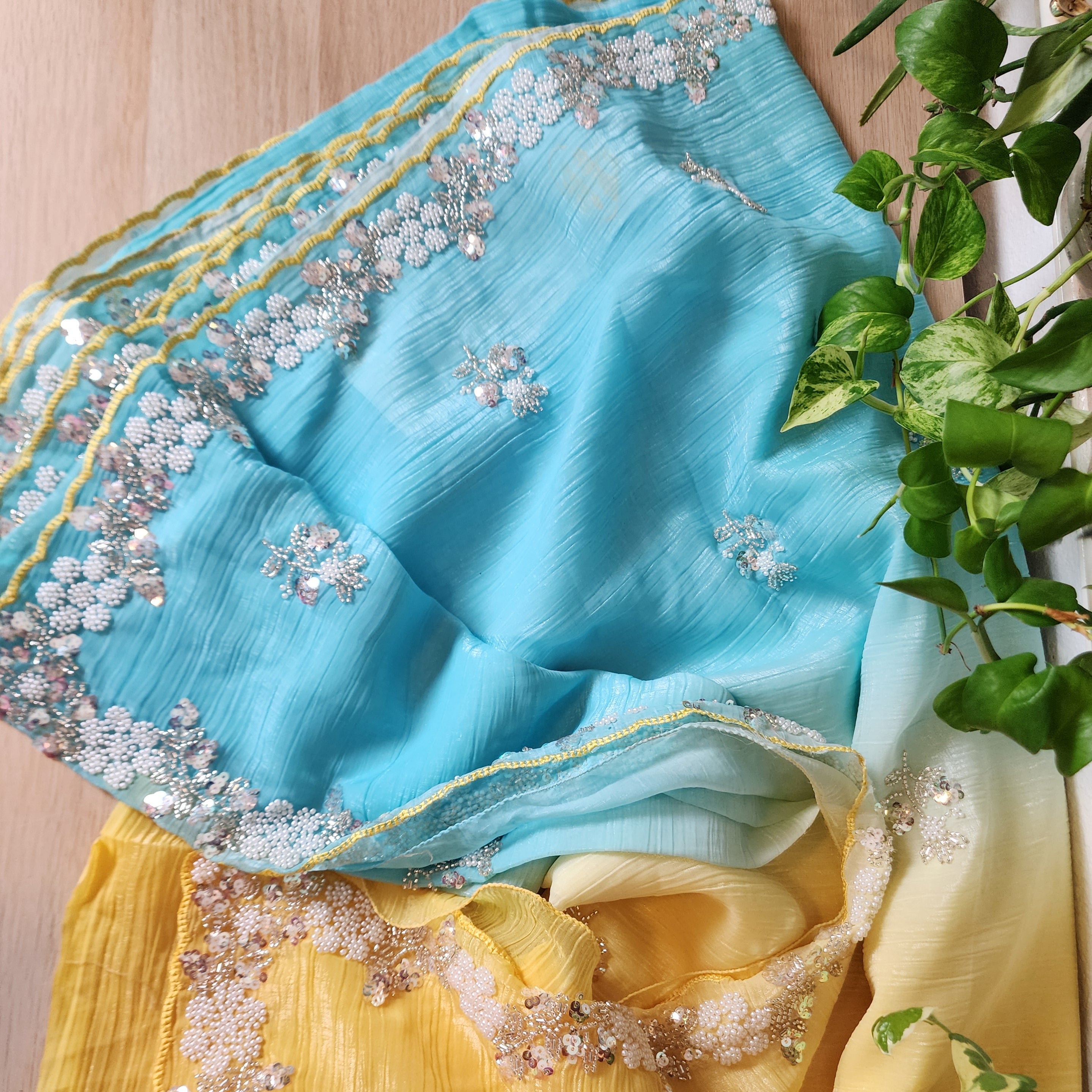Dual Shade Pastel Blue and Yellow Designer Chiffon Silk Saree