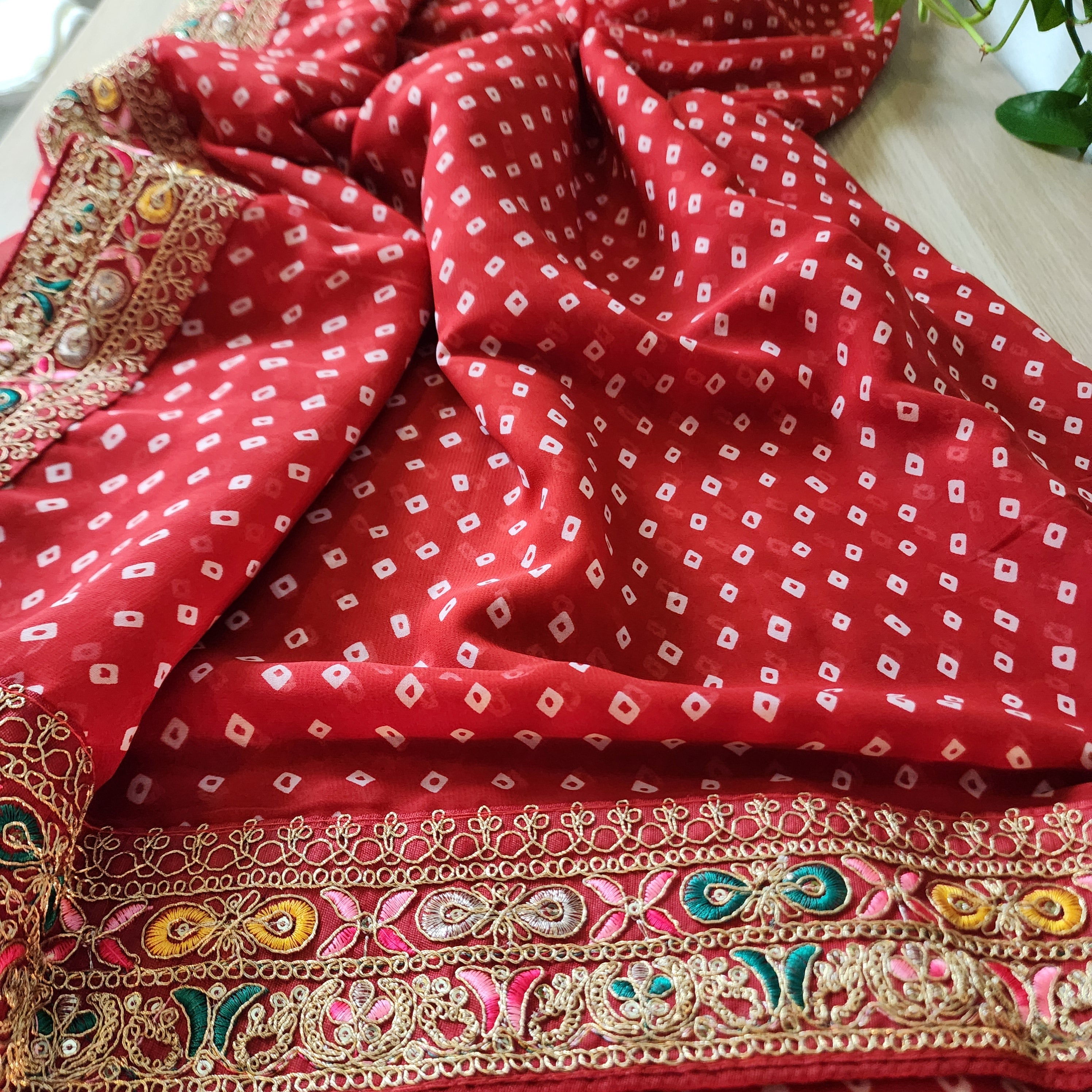 Embroidered Bandhani Designer Saree in Red