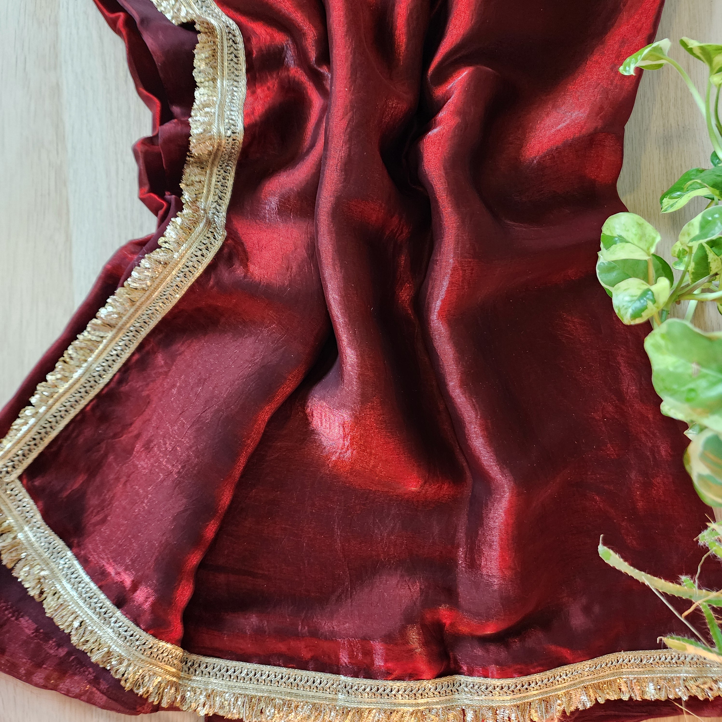 Designer Tissue Silk Saree - Maroon Red with Readymade Blouse