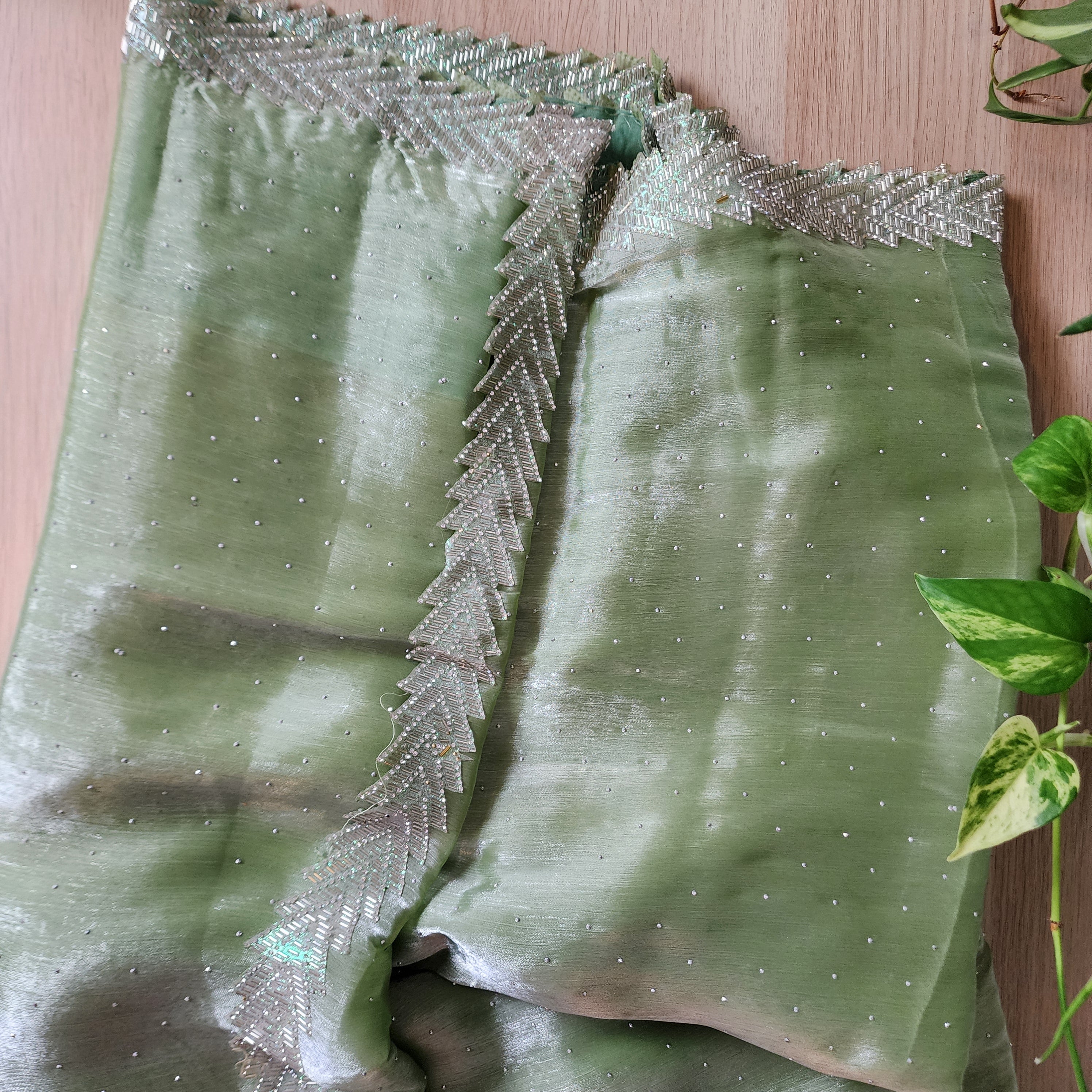 Pista Green Designer Chiffon Silk Saree