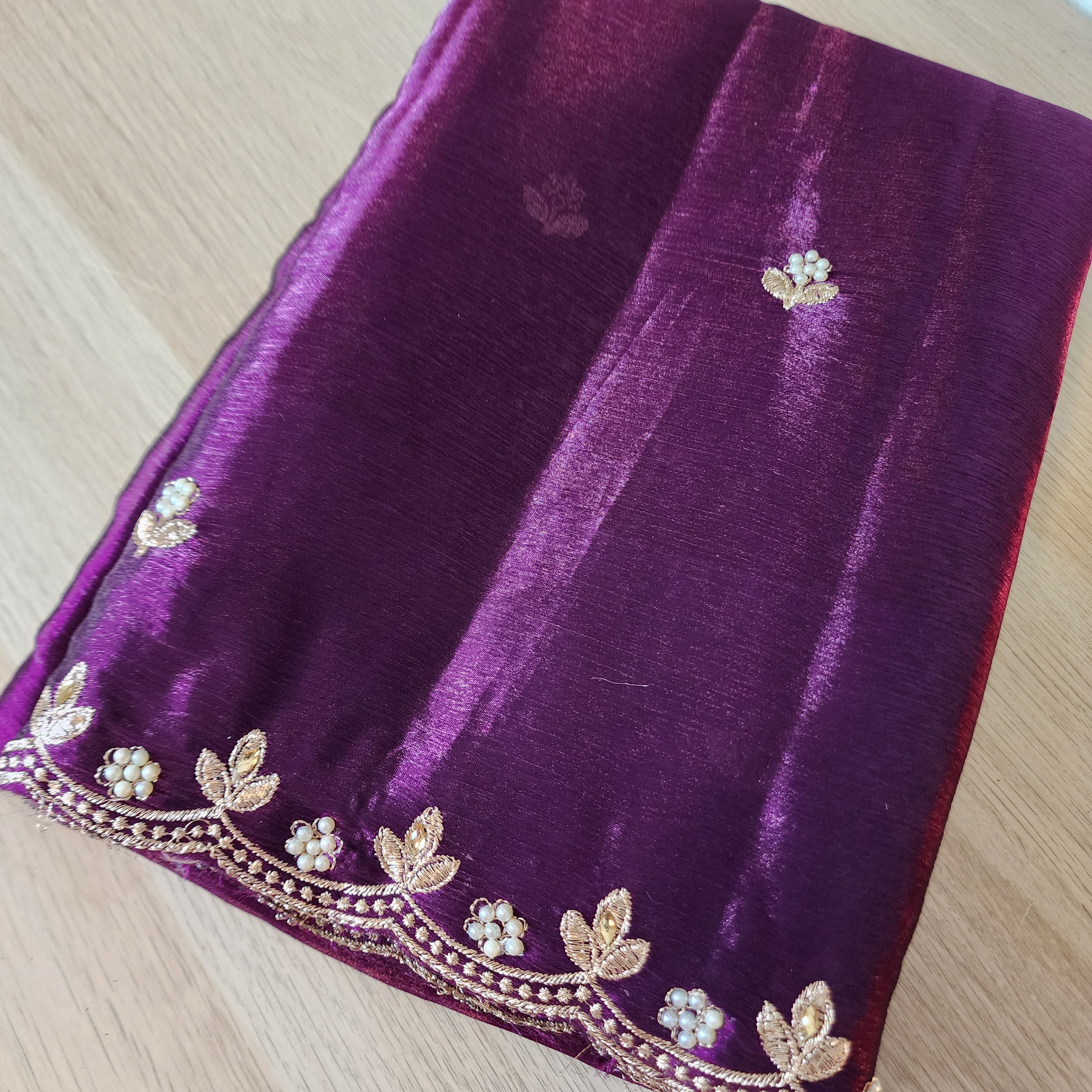 Purple Designer Chiffon Tissue Silk Saree with Contrast Pink Blouse