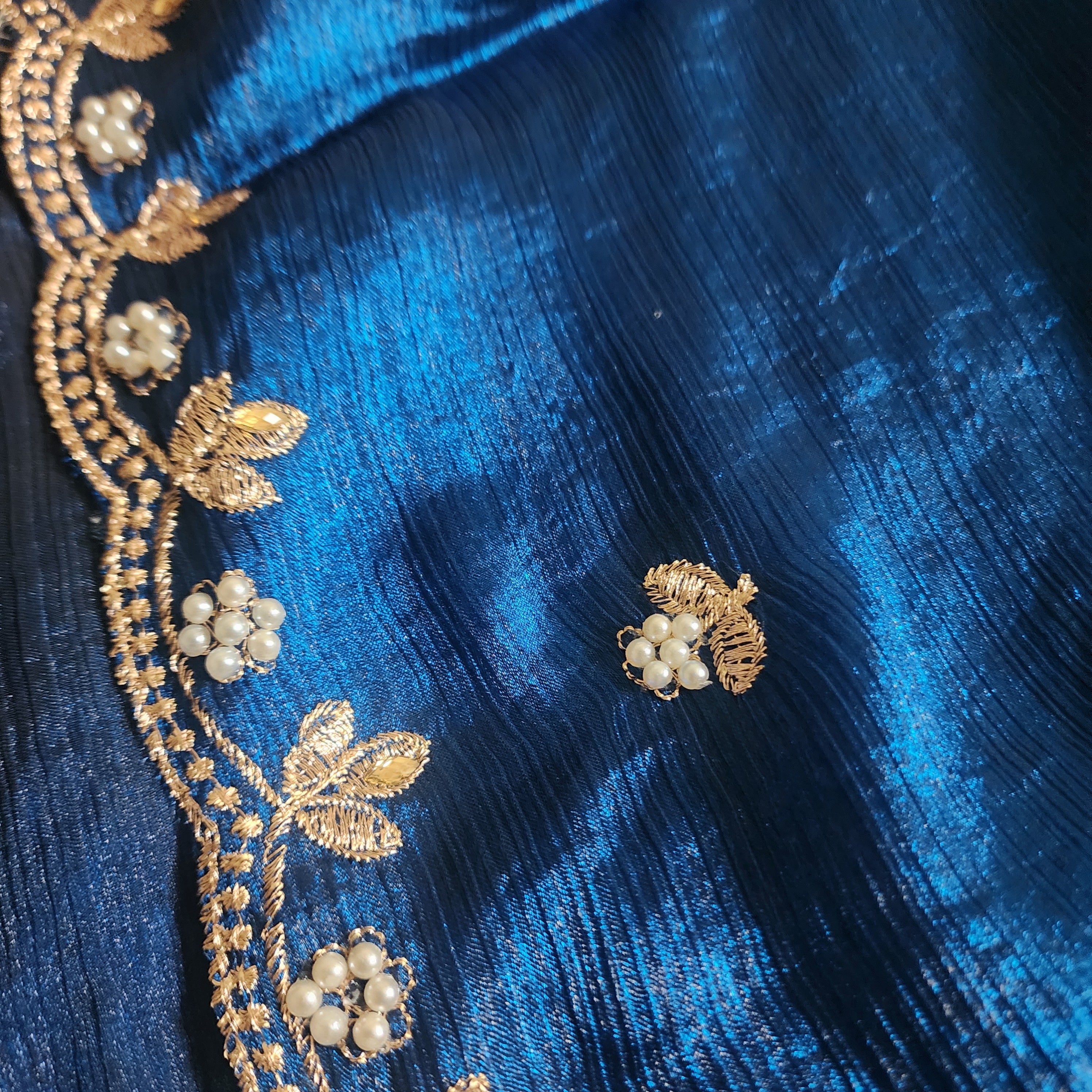 Blue Designer Chiffon Tissue Silk Saree with Contrast Green Blouse