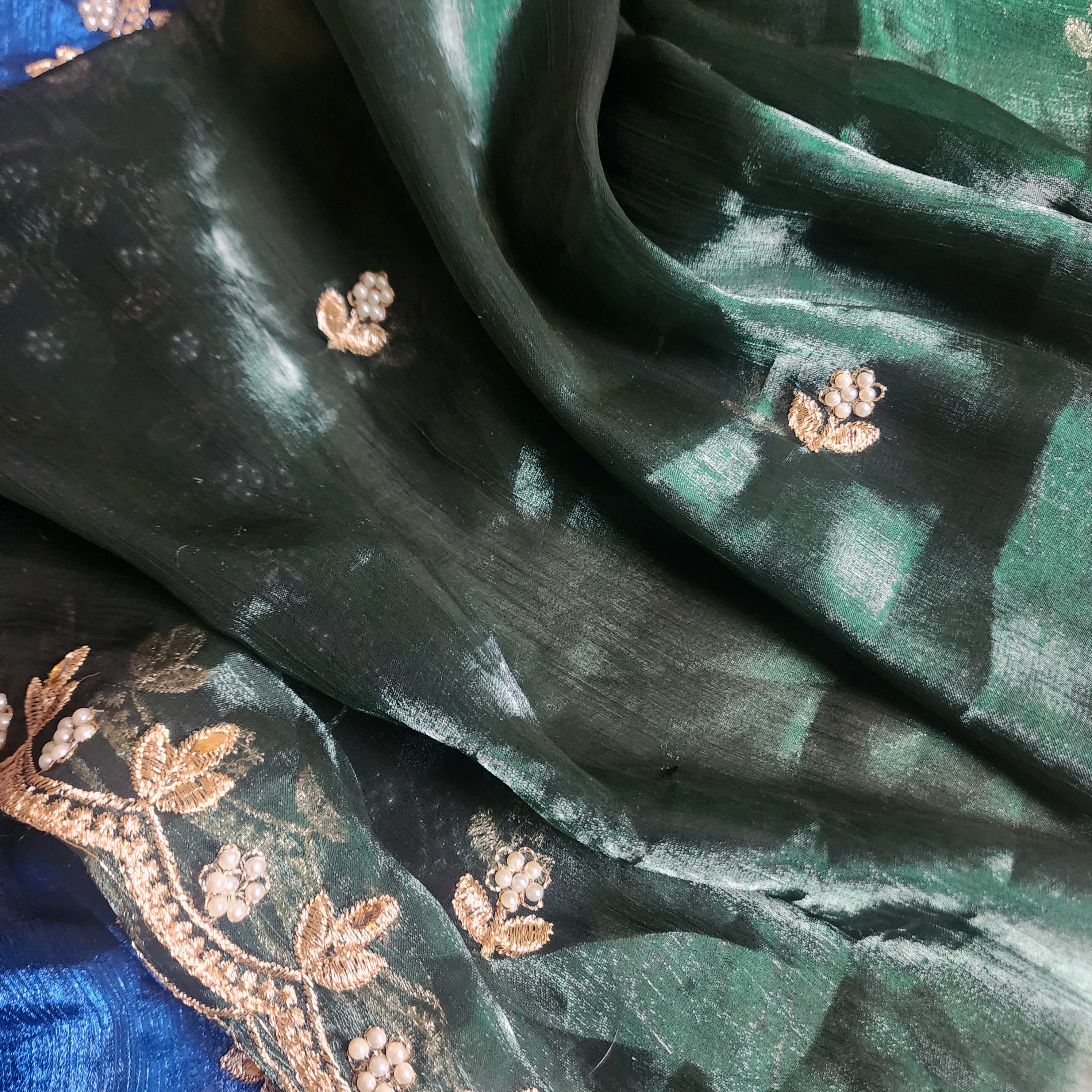 Blue Designer Chiffon Tissue Silk Saree with Contrast Green Blouse