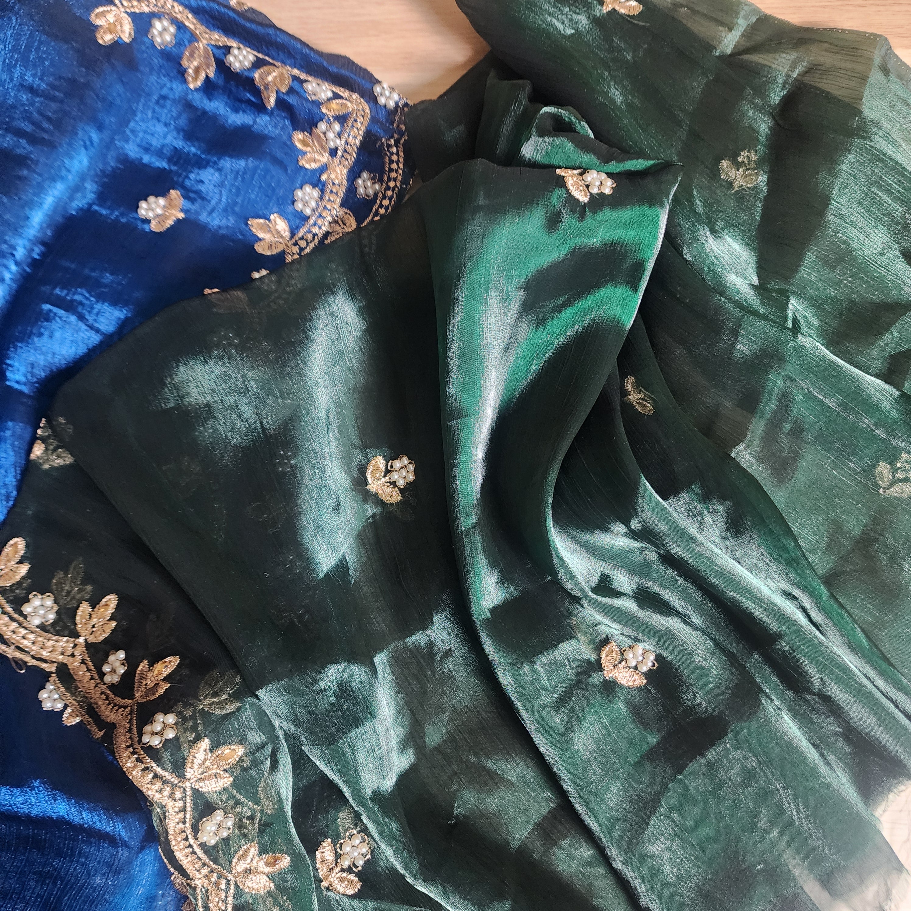 Blue Designer Chiffon Tissue Silk Saree with Contrast Green Blouse
