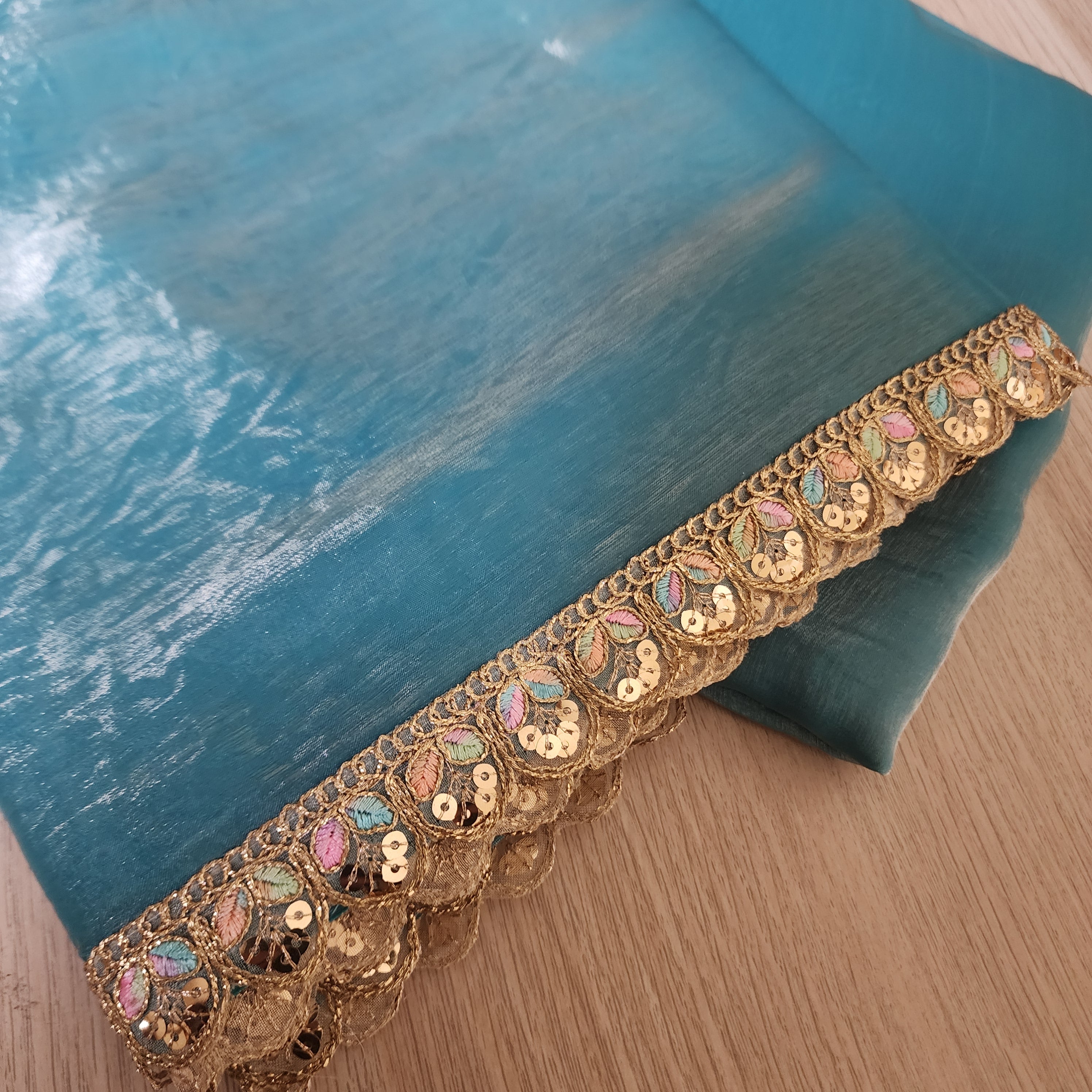 Shiny Blue Designer Tissue Organza Saree