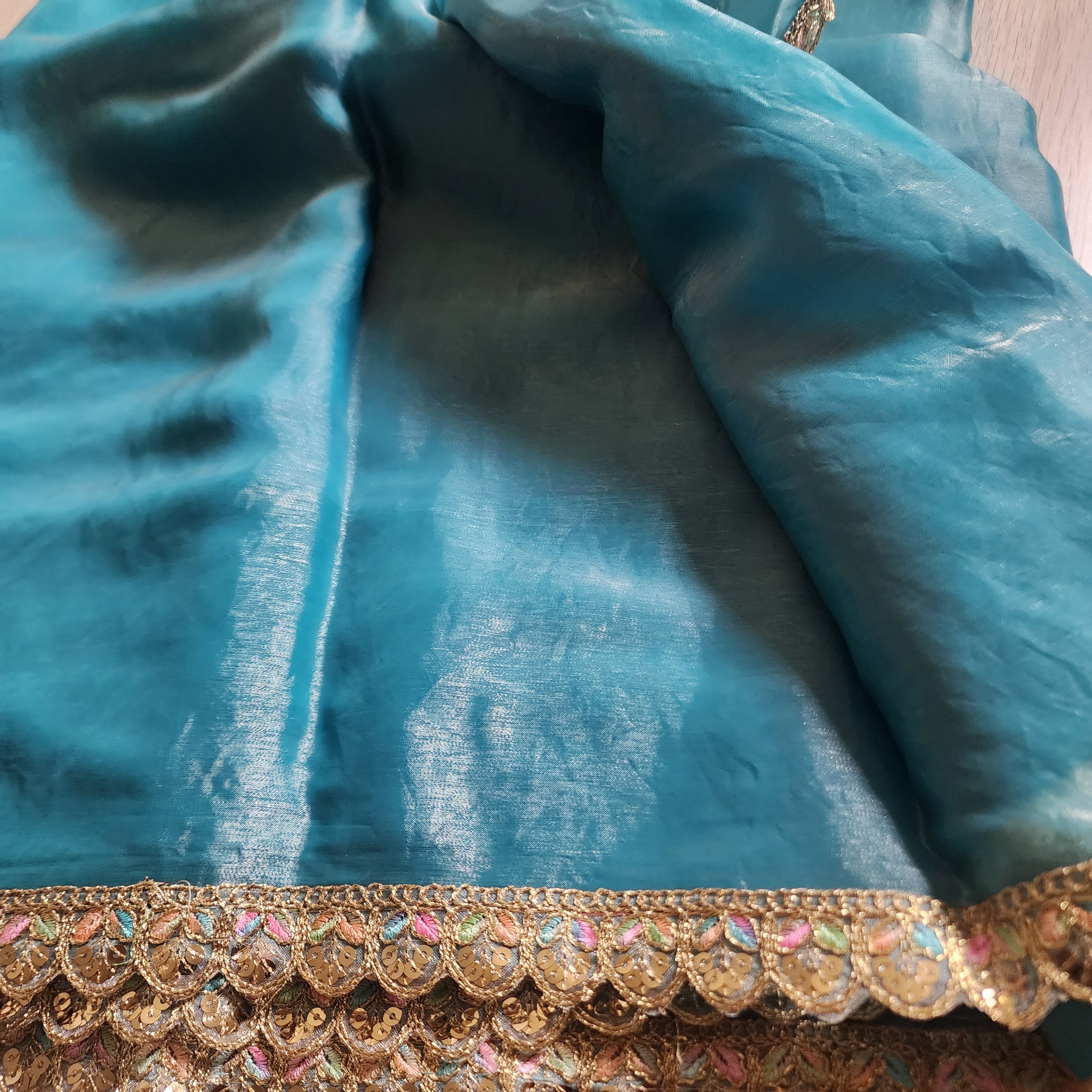 Shiny Blue Designer Tissue Organza Saree
