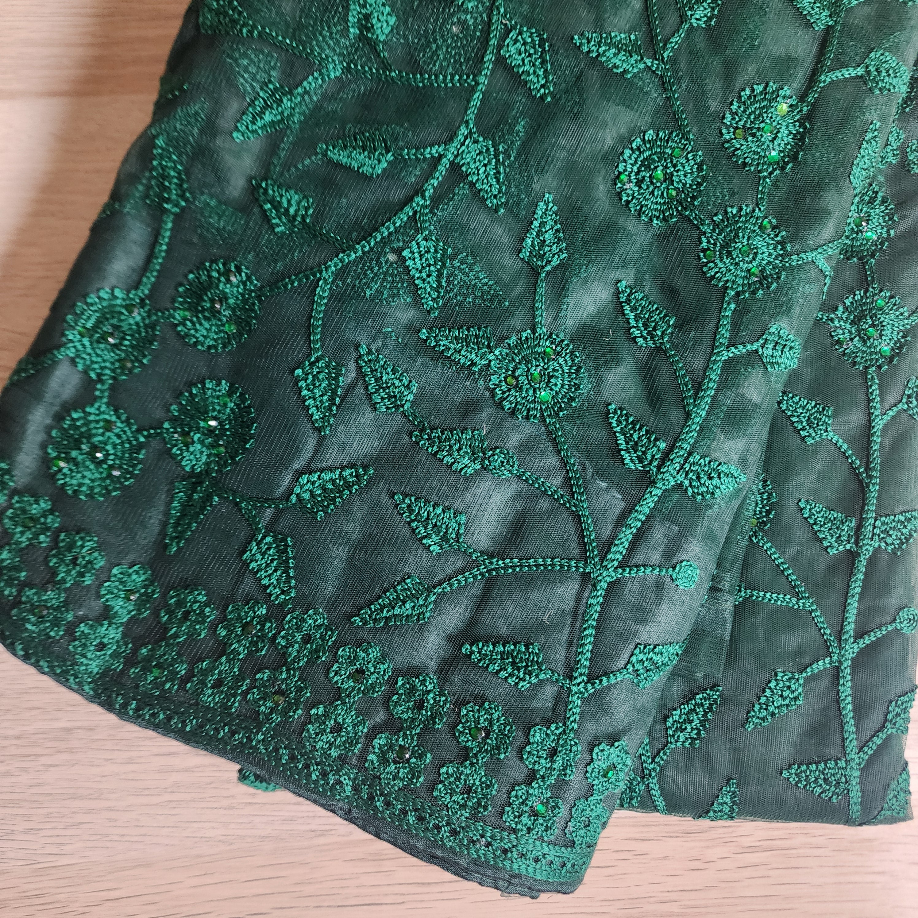 Embroidered Net Designer Saree in Dark Green