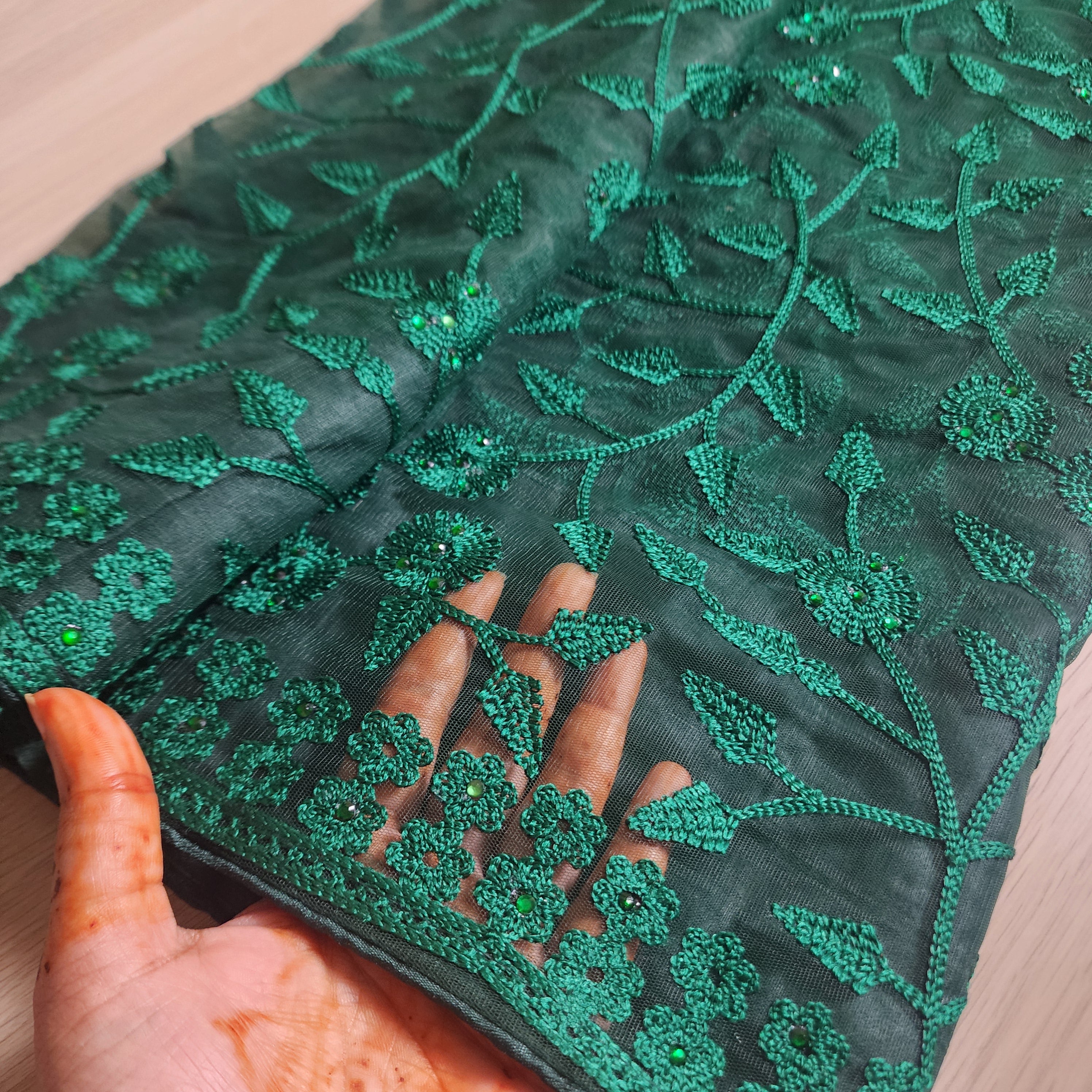 Embroidered Net Designer Saree in Dark Green