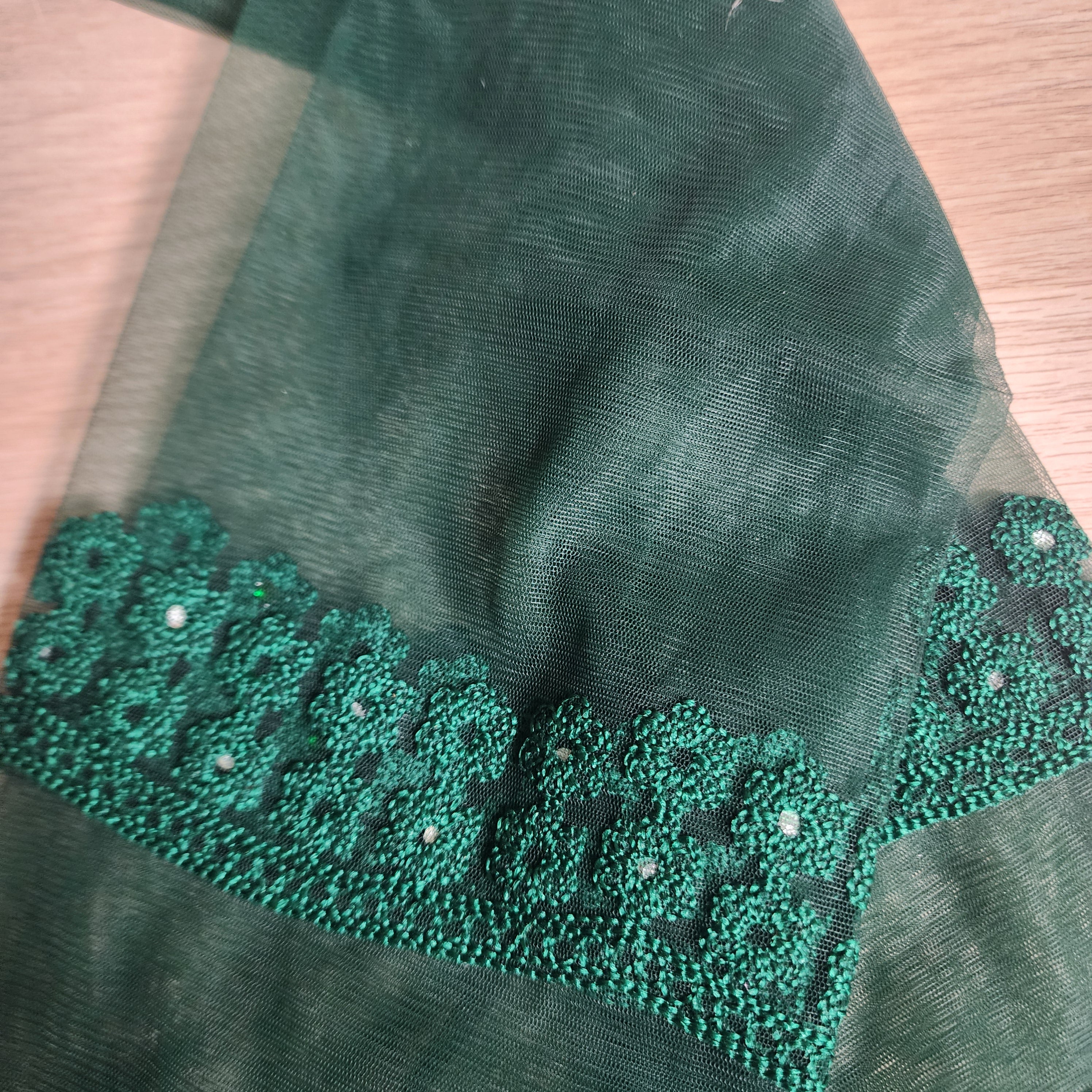 Embroidered Net Designer Saree in Dark Green