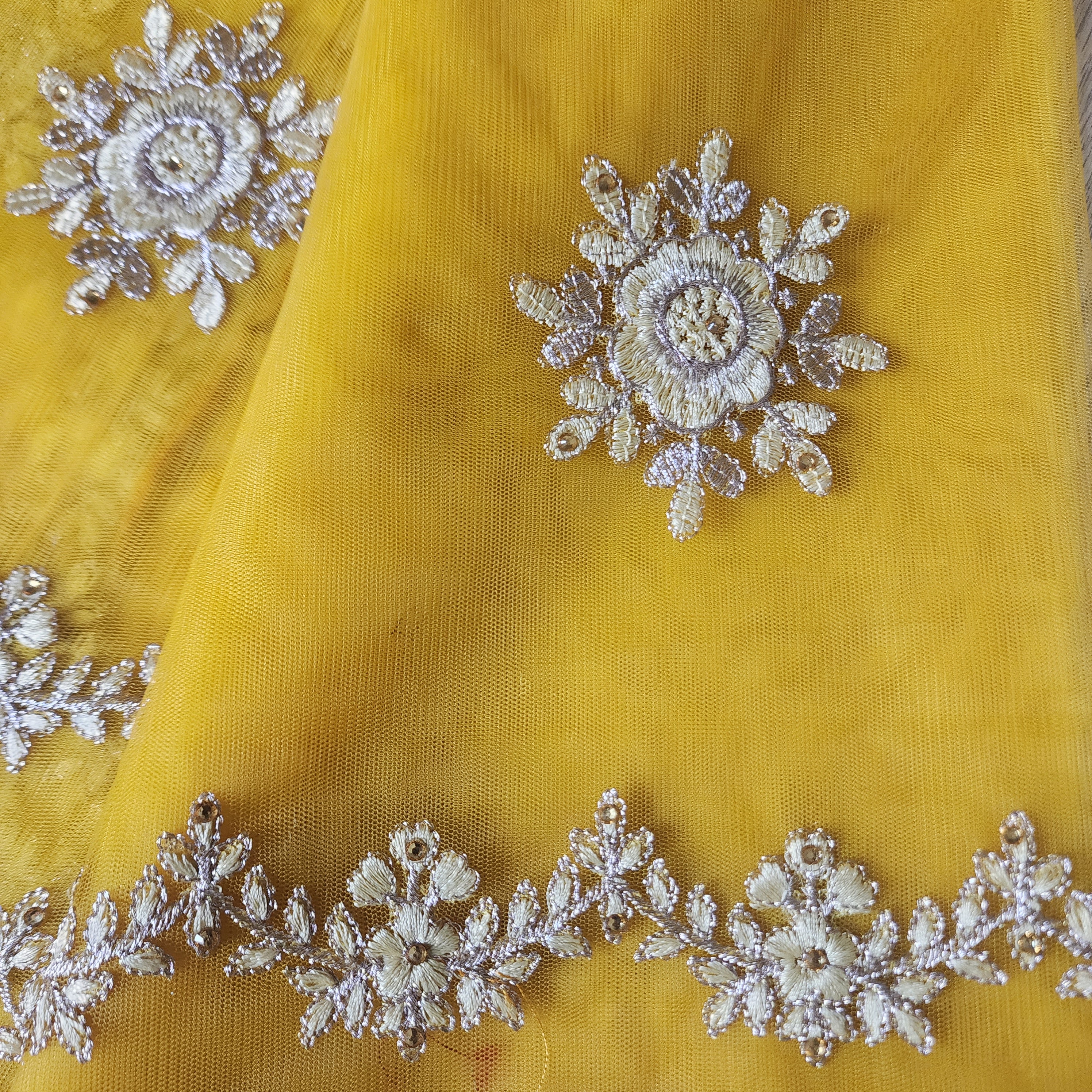 Embroidered Net Designer Saree in Bright Yellow and Orange Shade