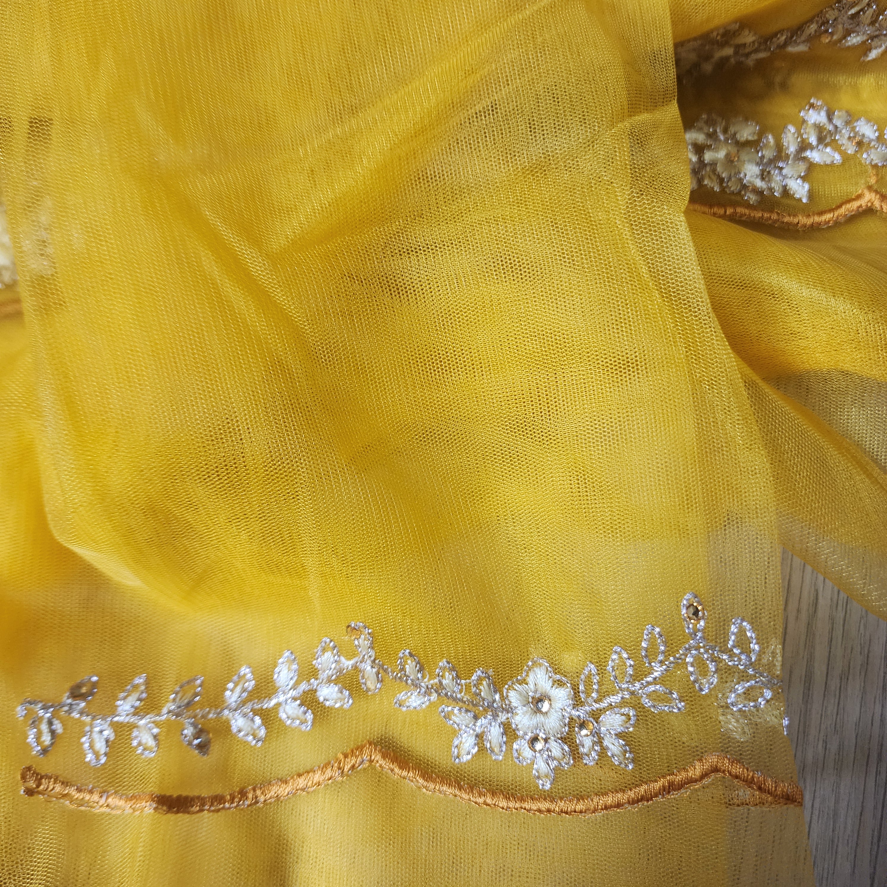 Embroidered Net Designer Saree in Bright Yellow and Orange Shade
