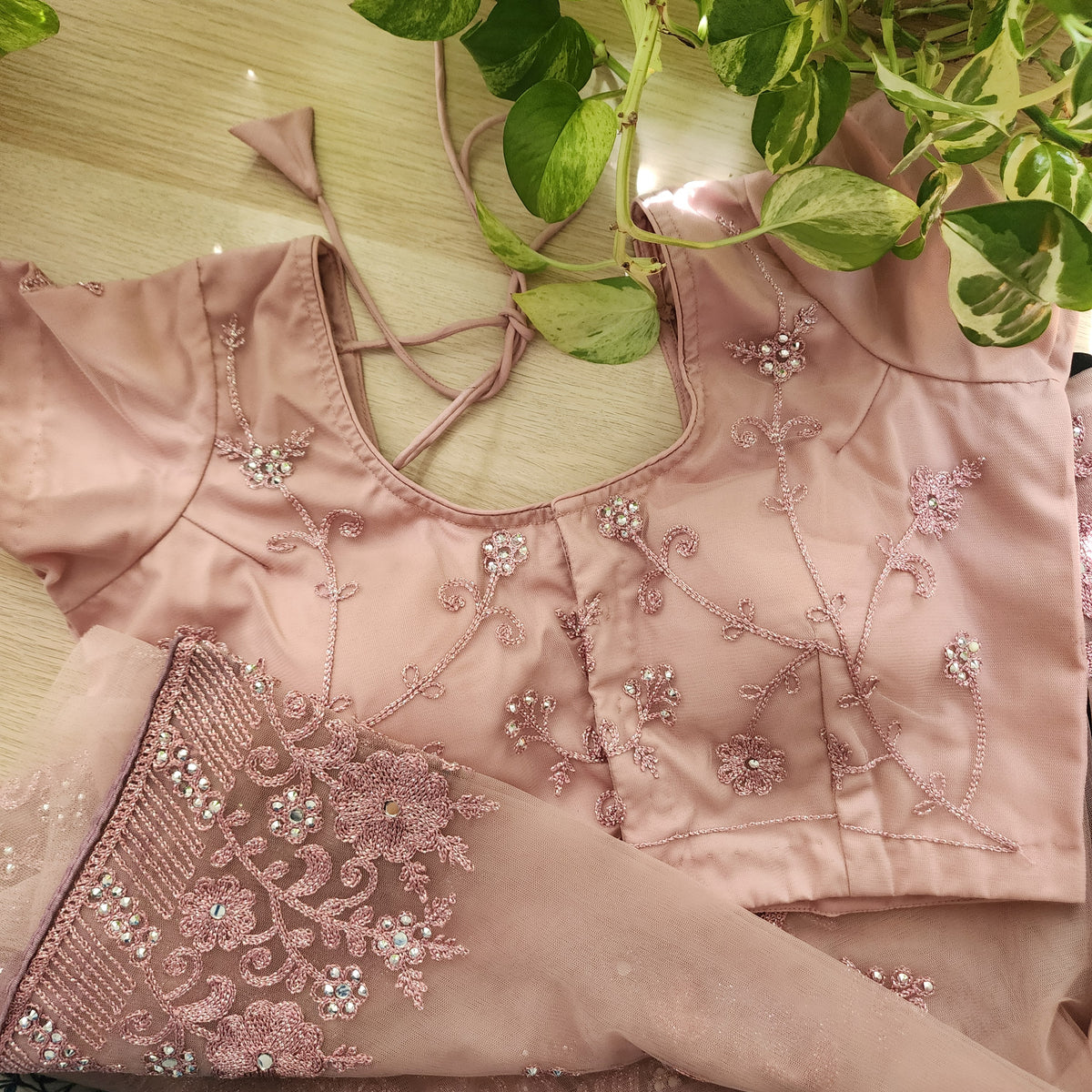 Vintage Rose Sequined Floral Embroidered Designer Net Saree with Readymade Blouse