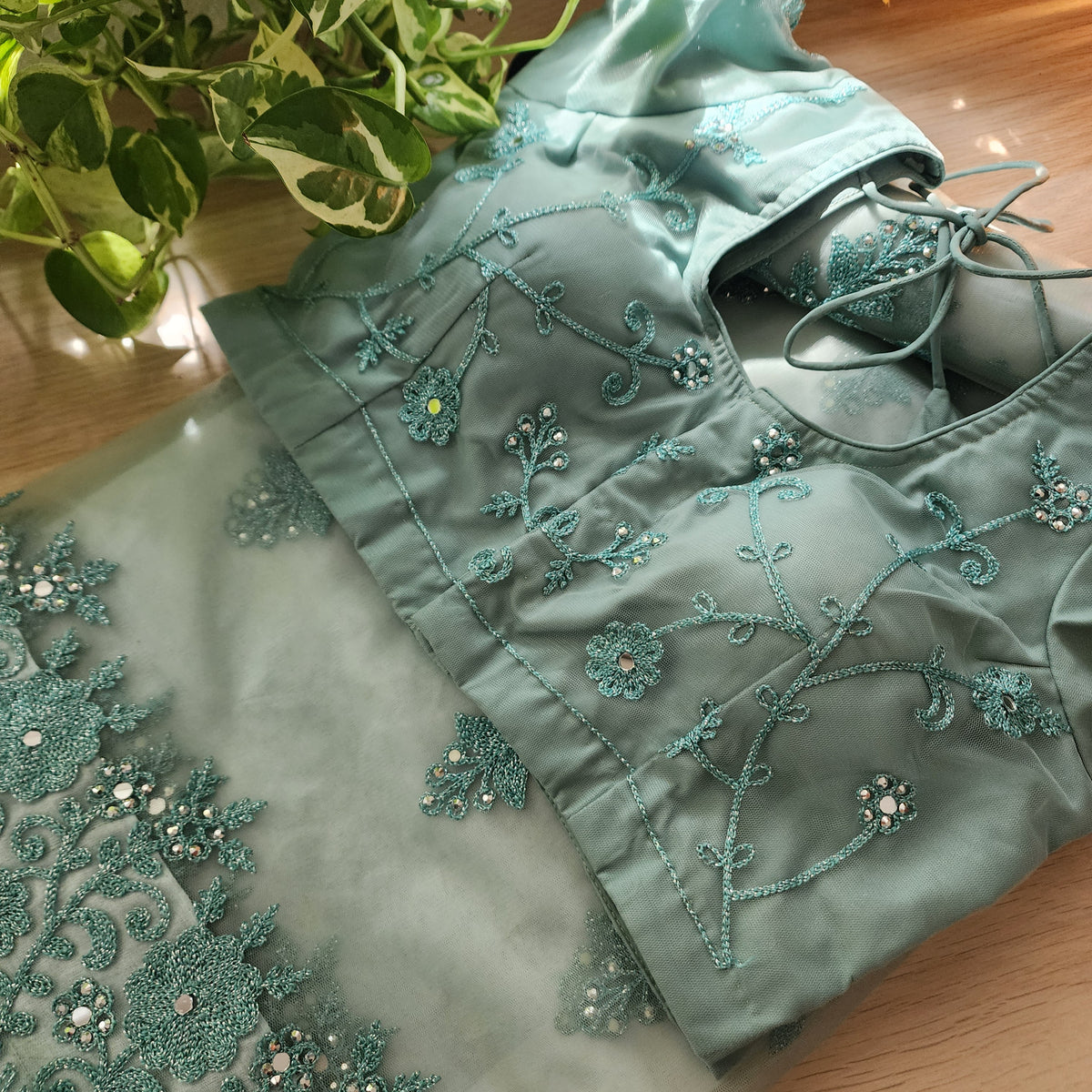 Seafoam Green Sequined Floral Embroidered Designer Net Saree with Readymade Blouse