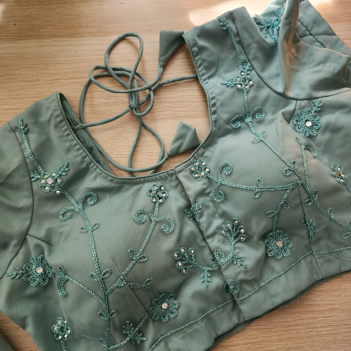 Seafoam Green Sequined Floral Embroidered Designer Net Saree with Readymade Blouse