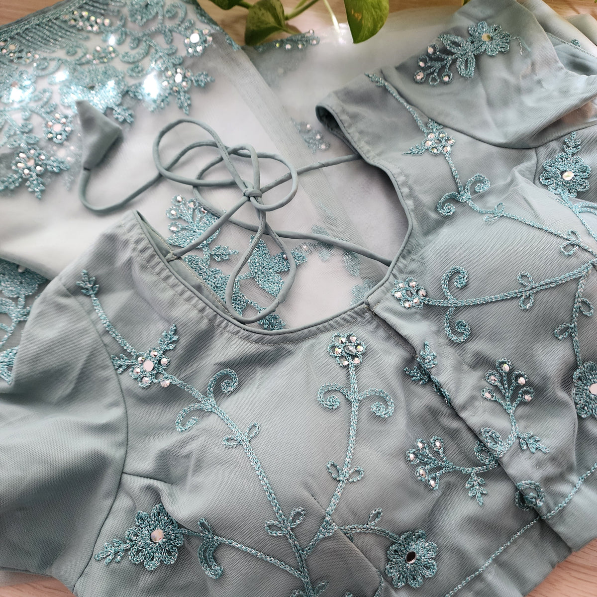 Pearl Grey Sequined Floral Embroidered Designer Net Saree with Readymade Blouse