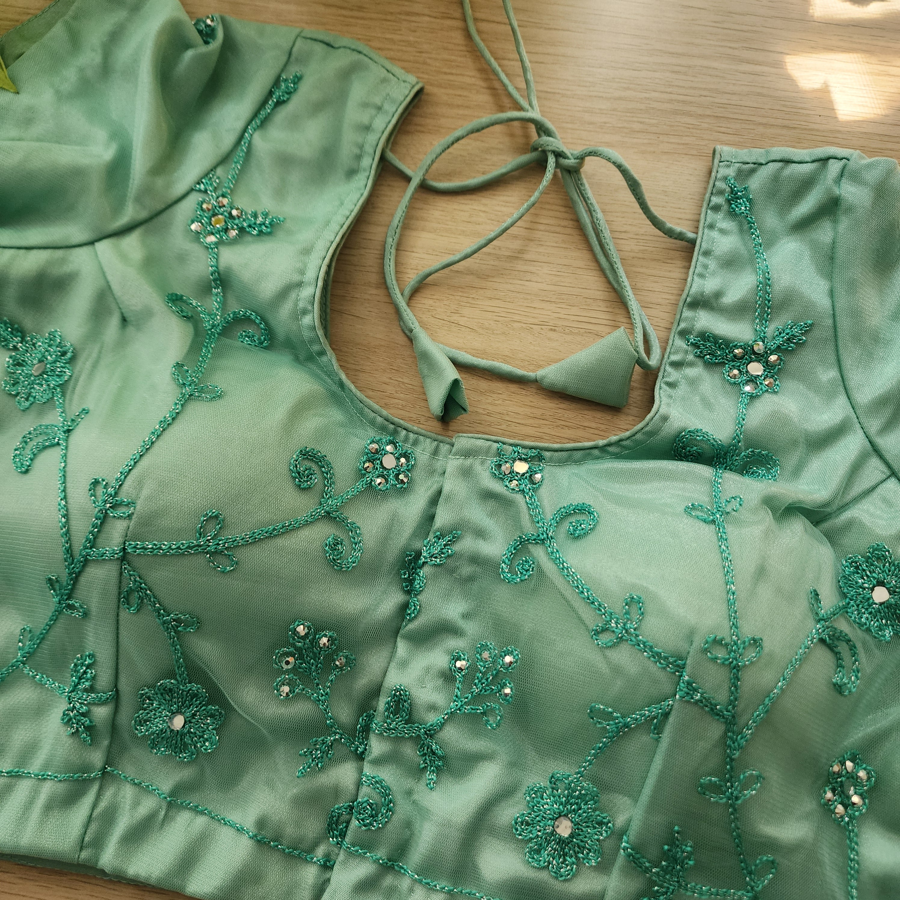 Mint Aqua Sequined Floral Embroidered Designer Net Saree with Readymade Blouse