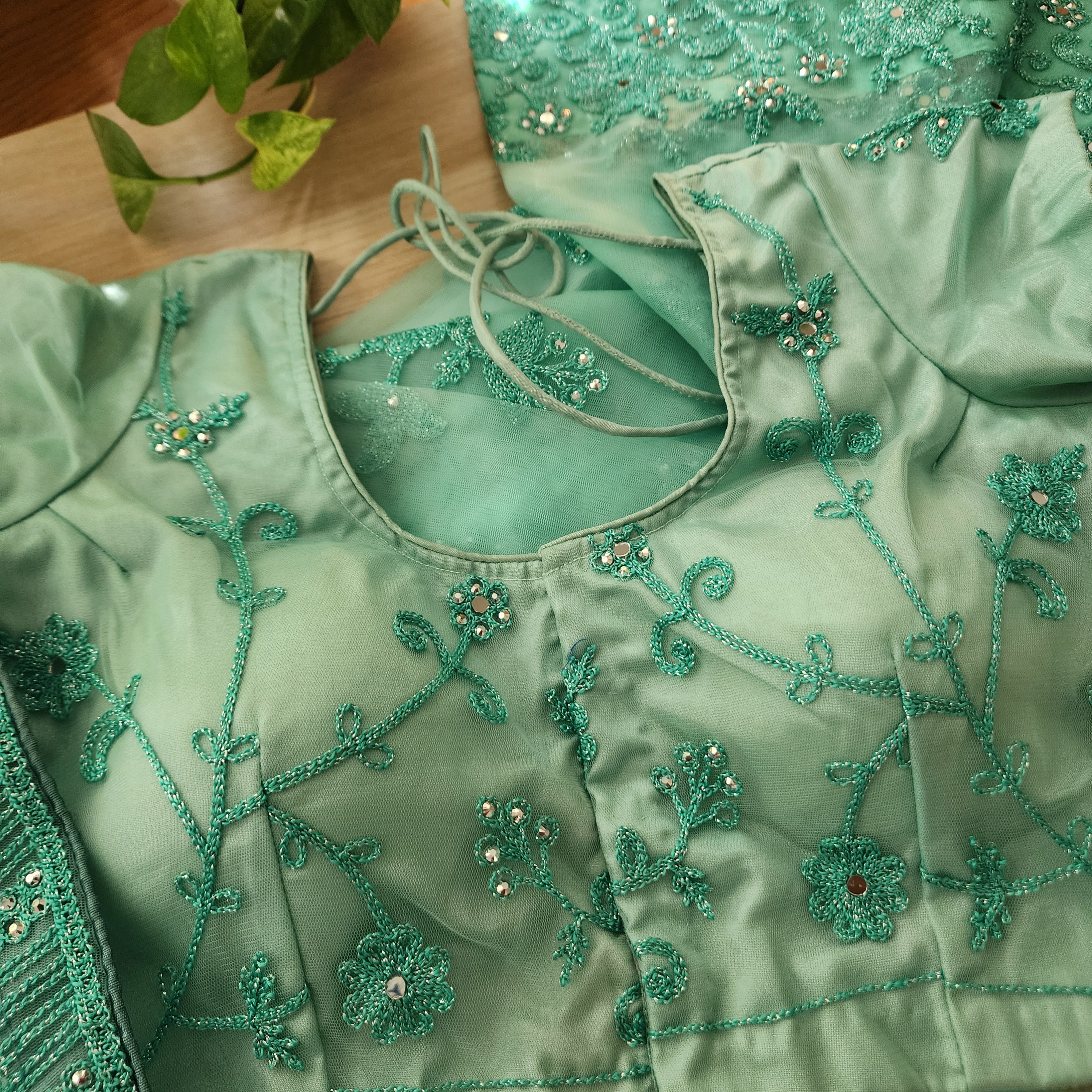 Mint Aqua Sequined Floral Embroidered Designer Net Saree with Readymade Blouse