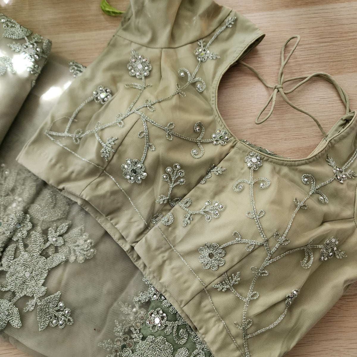 Sage Green Sequined Floral Embroidered Designer Net Saree with Readymade Blouse