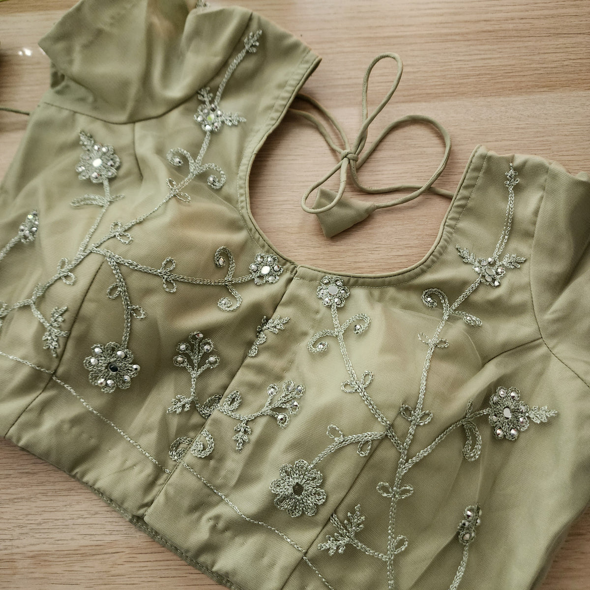 Sage Green Sequined Floral Embroidered Designer Net Saree with Readymade Blouse