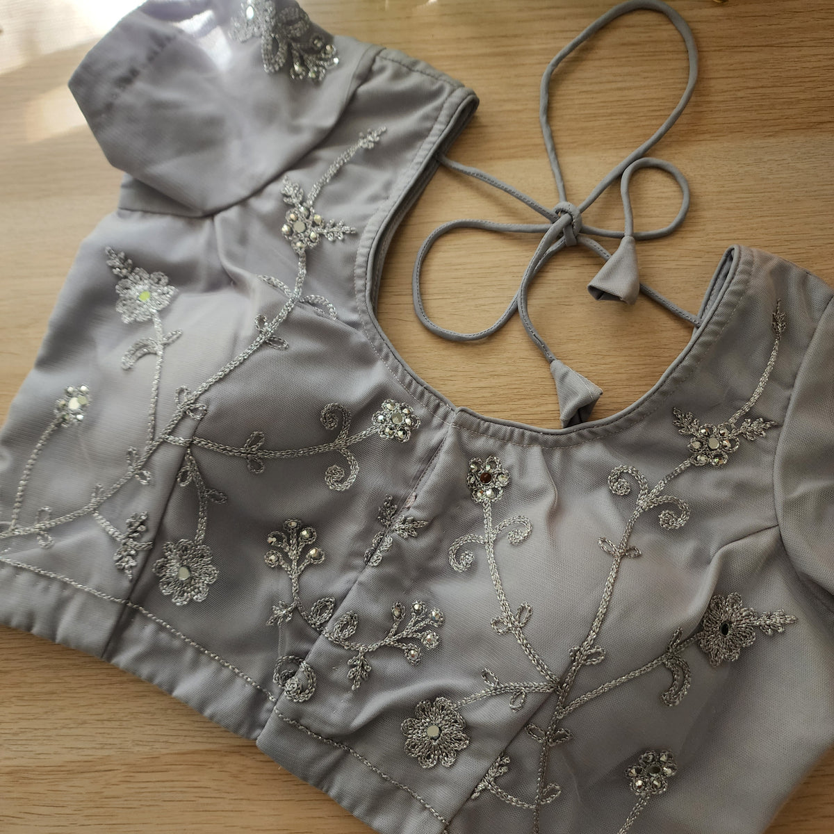 Pearl Grey Sequined Floral Embroidered Designer Net Saree with Readymade Blouse