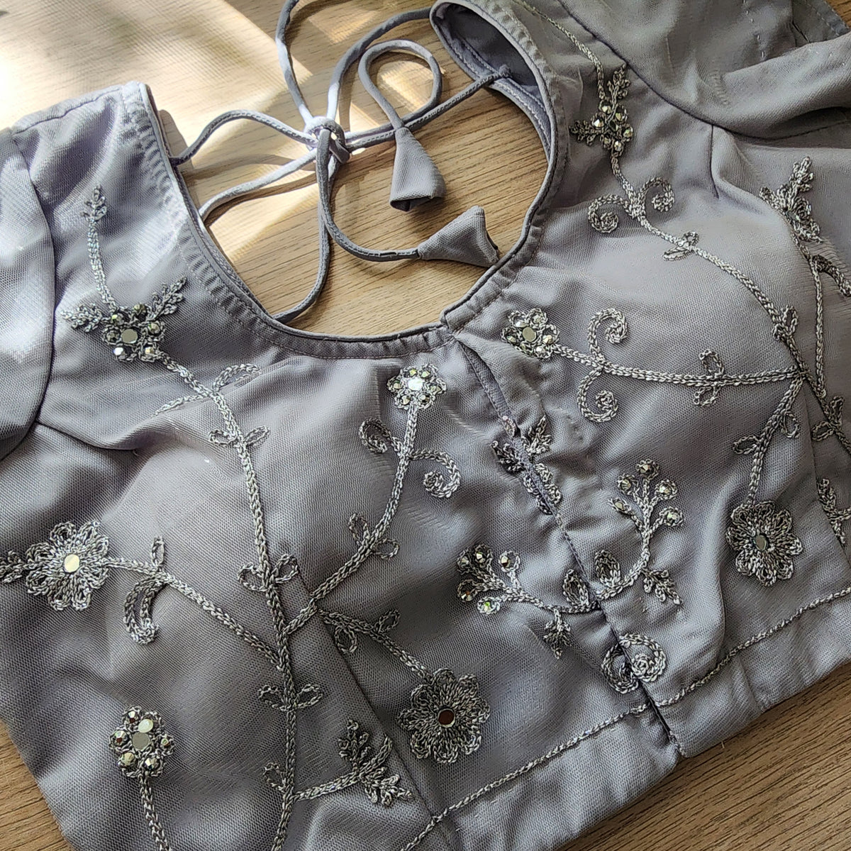 Pearl Grey Sequined Floral Embroidered Designer Net Saree with Readymade Blouse