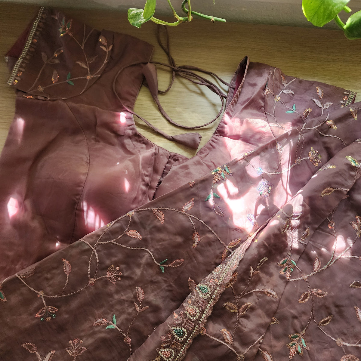 Smoky Taupe Willow Vine Designer Tissue Saree with Rhinestone Work and Stitched Blouse