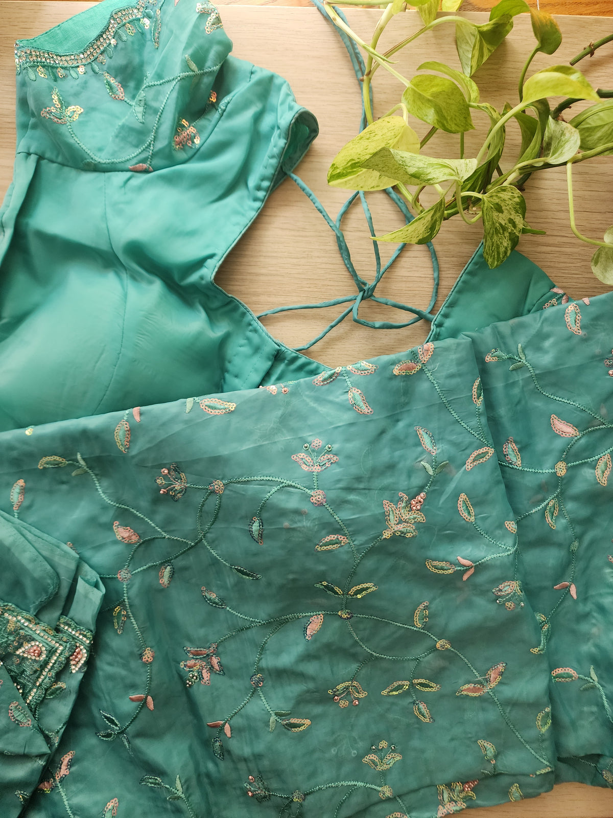 Sky Blue Willow Vine Designer Tissue Saree with Rhinestone Work and Stitched Blouse