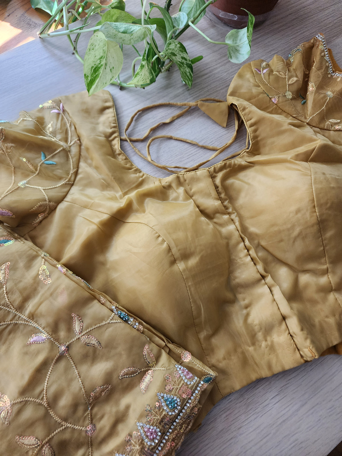 Sun Gold Willow Vine Designer Tissue Saree with Rhinestone Work and Stitched Blouse