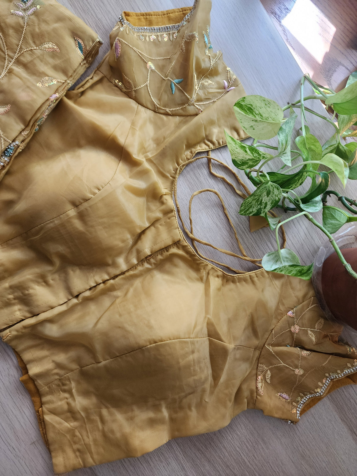 Sun Gold Willow Vine Designer Tissue Saree with Rhinestone Work and Stitched Blouse