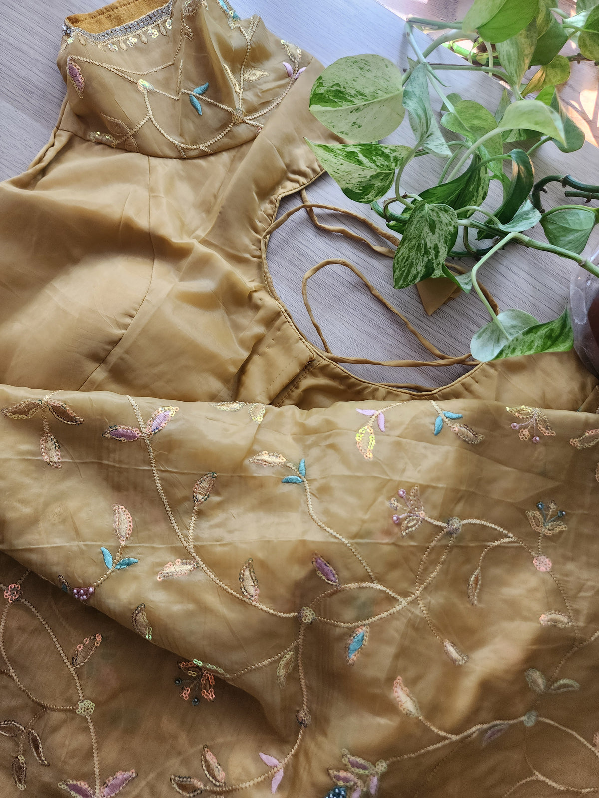 Sun Gold Willow Vine Designer Tissue Saree with Rhinestone Work and Stitched Blouse