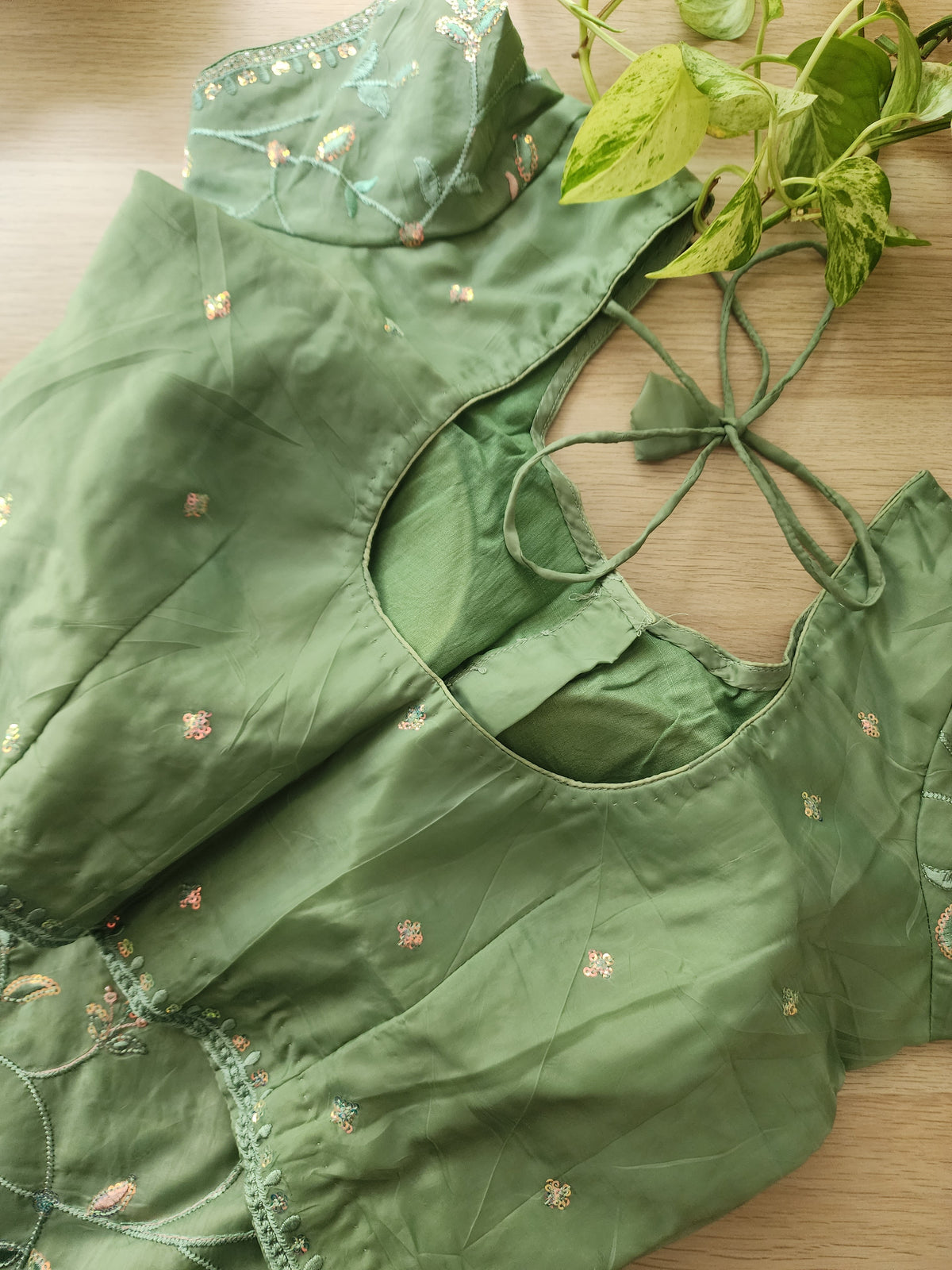 Seafoam Green Willow Vine Designer Tissue Saree with Rhinestone Work and Stitched Blouse