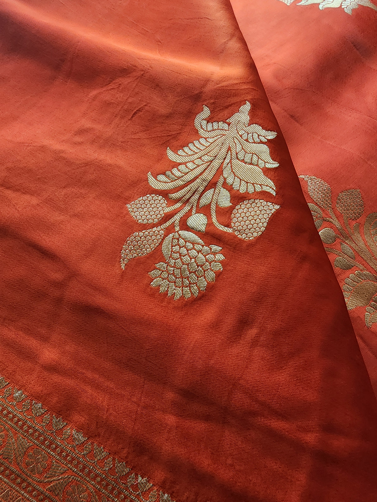 Burnt Orange Crepe Silk Saree with Gold Zari Border